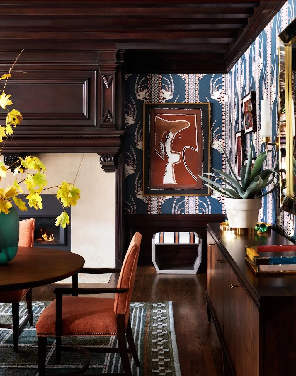 Historic Pittsburgh dining room statement wallpaper fireplace artwork details