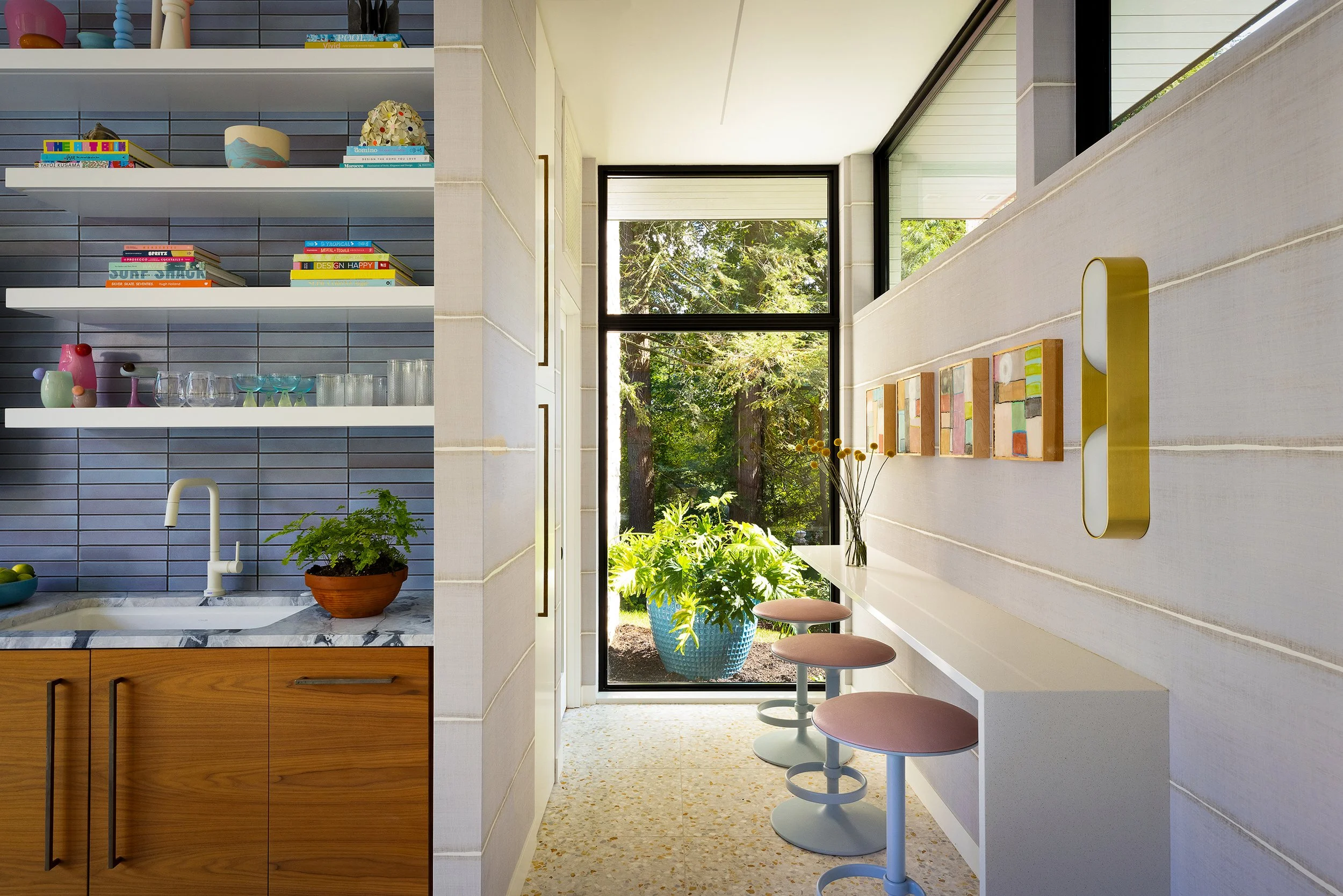 pool house design ideas bar with blue back spalsh and open shelving and long counter with stools