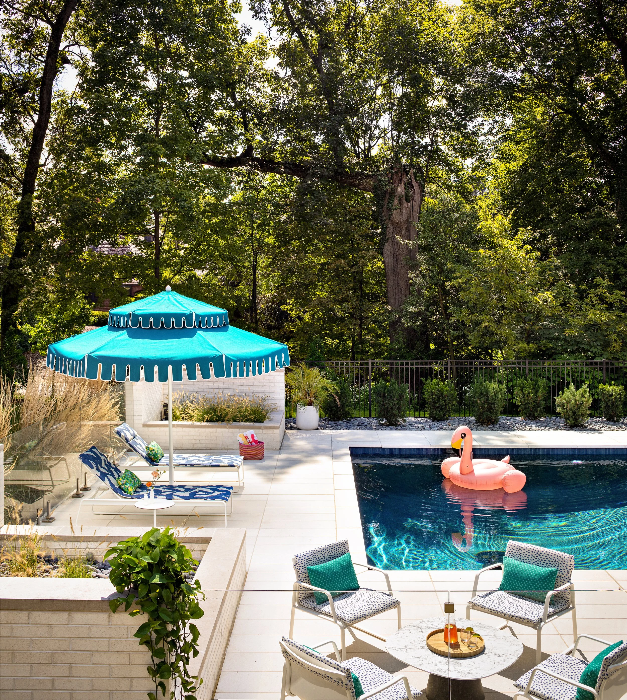 poolside oasis outdoor living and dining colorful lounge chairs