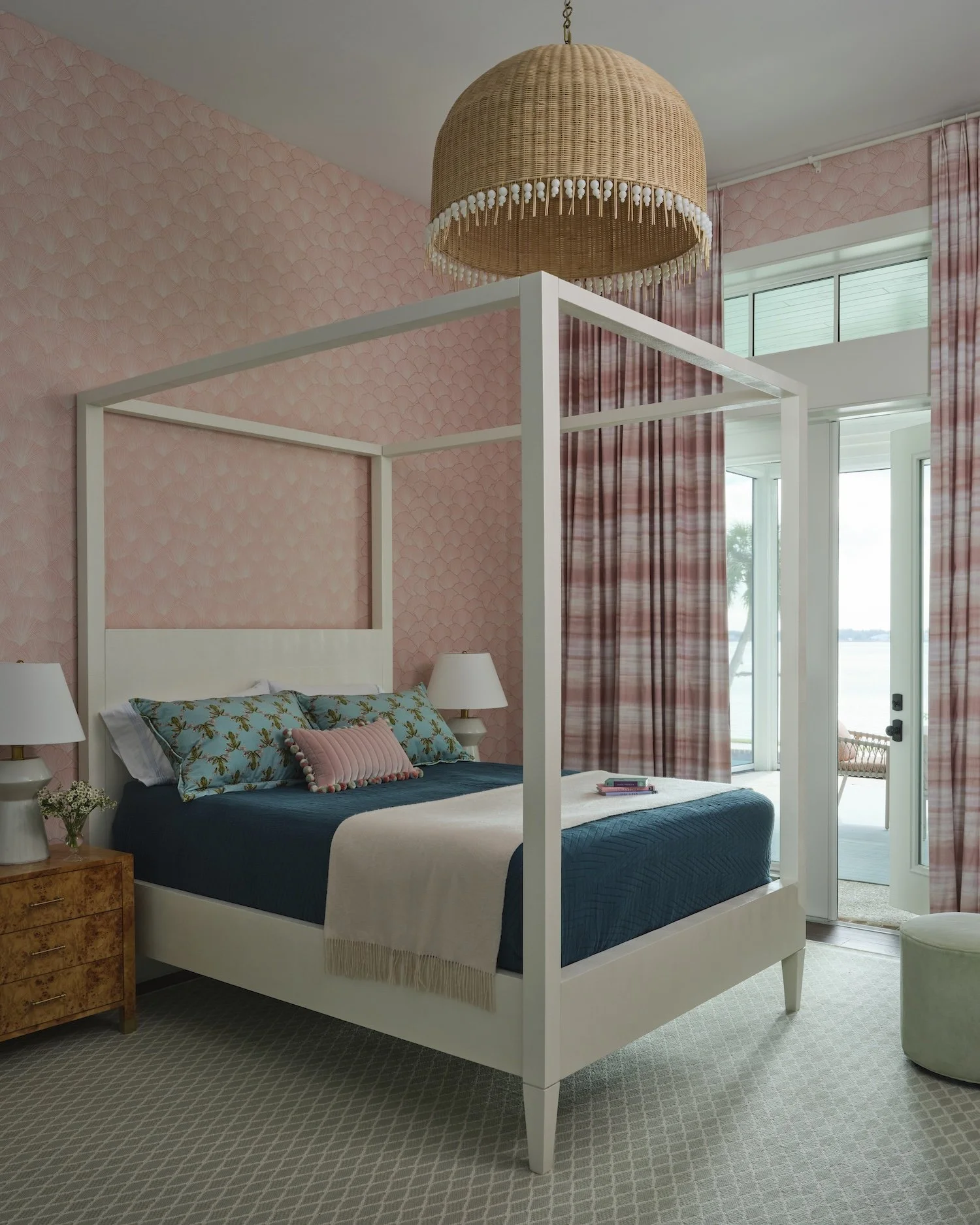 32-coastal-bedroom-pink-wallpaper-canopy-bed-wicker-pendant-light-ocean-view-stylish-retreat-design.jpg