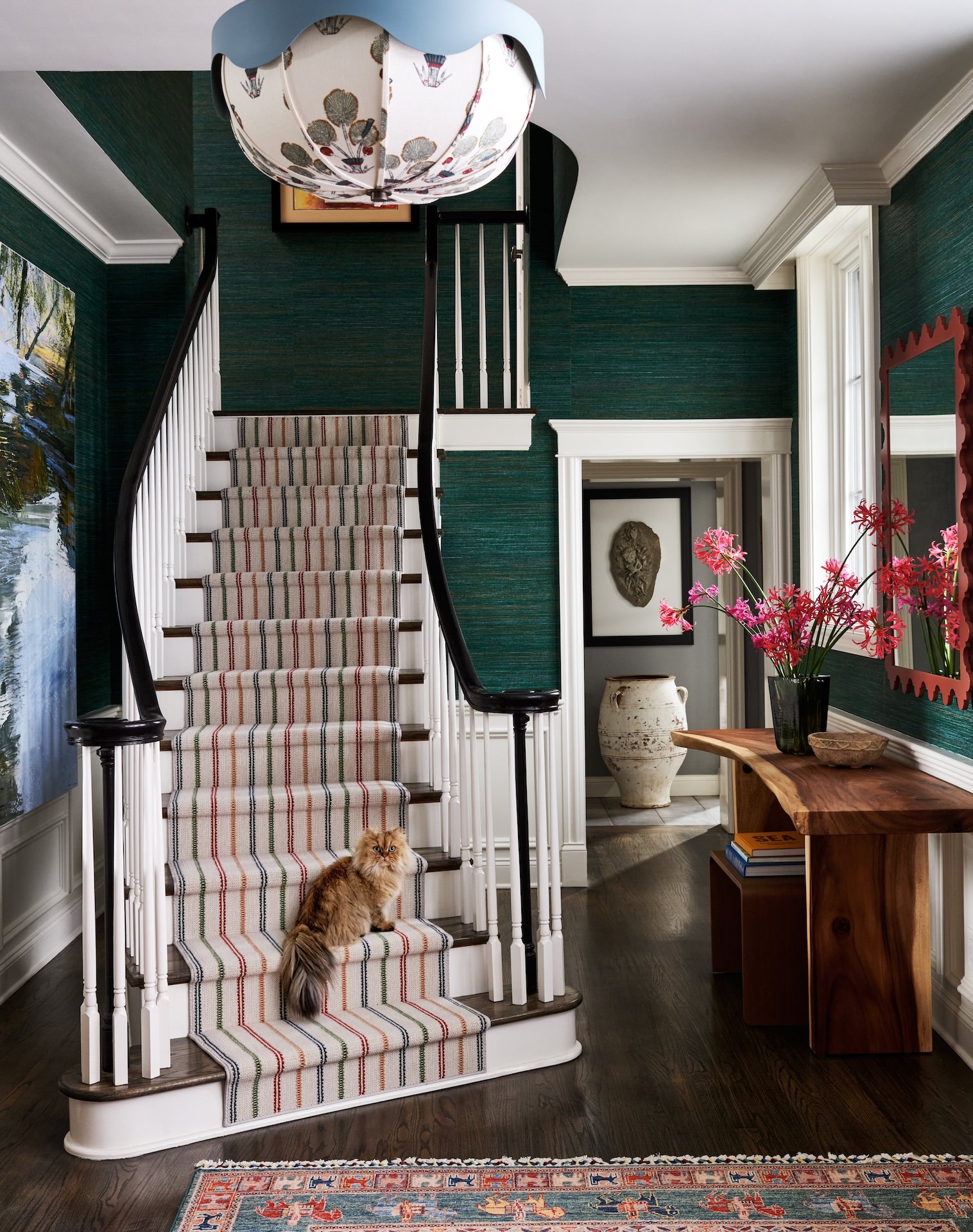 modern classic entry with emerald grasscloth staircase striped runner