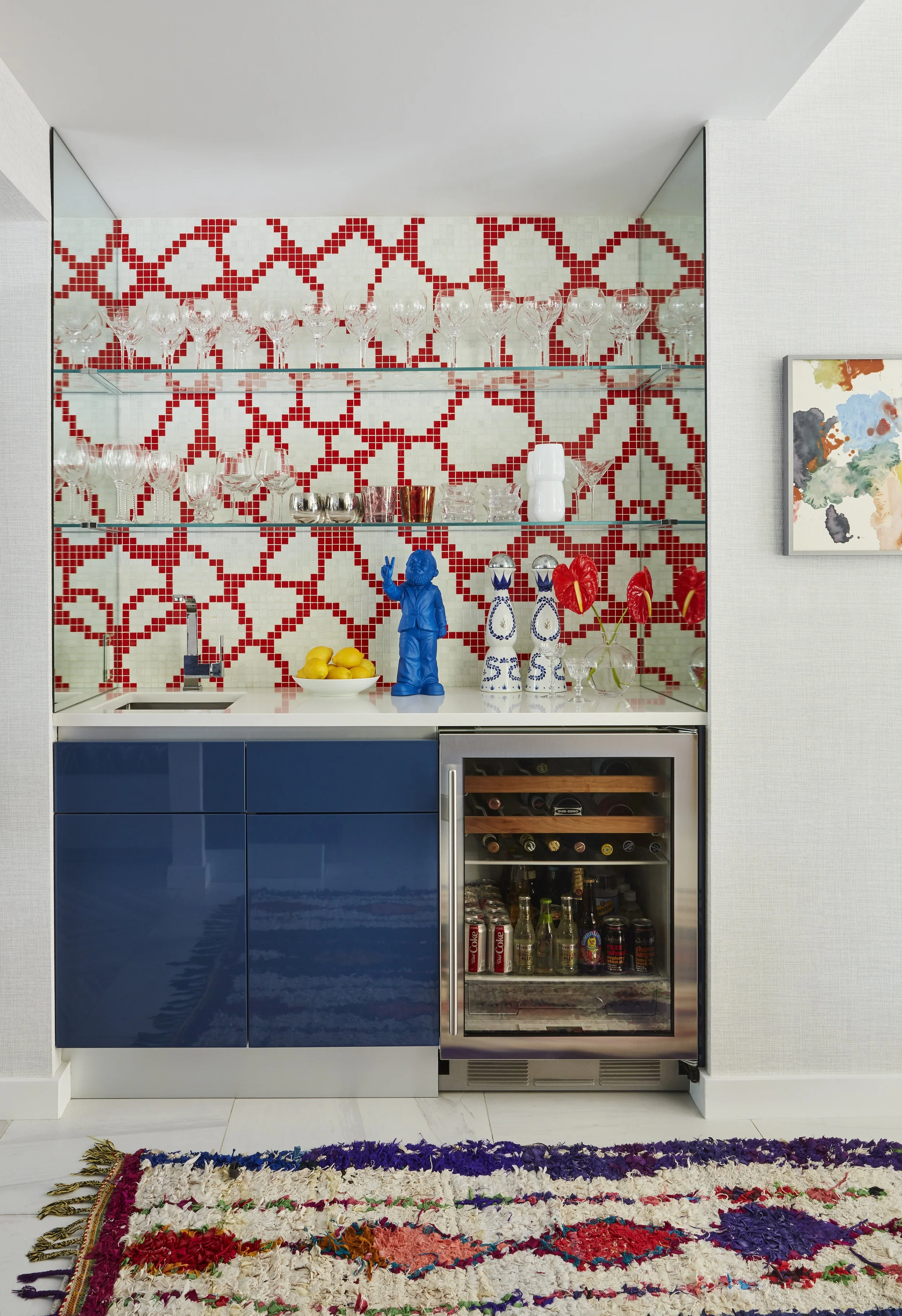 open bar with glass shelves wine fridge perfect for mixing cocktails and serving guests