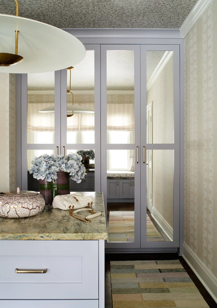 Lavender closet mirrored cabinets marble island floral ceiling wallpaper wave wallpaper disc pendant patchwork runner