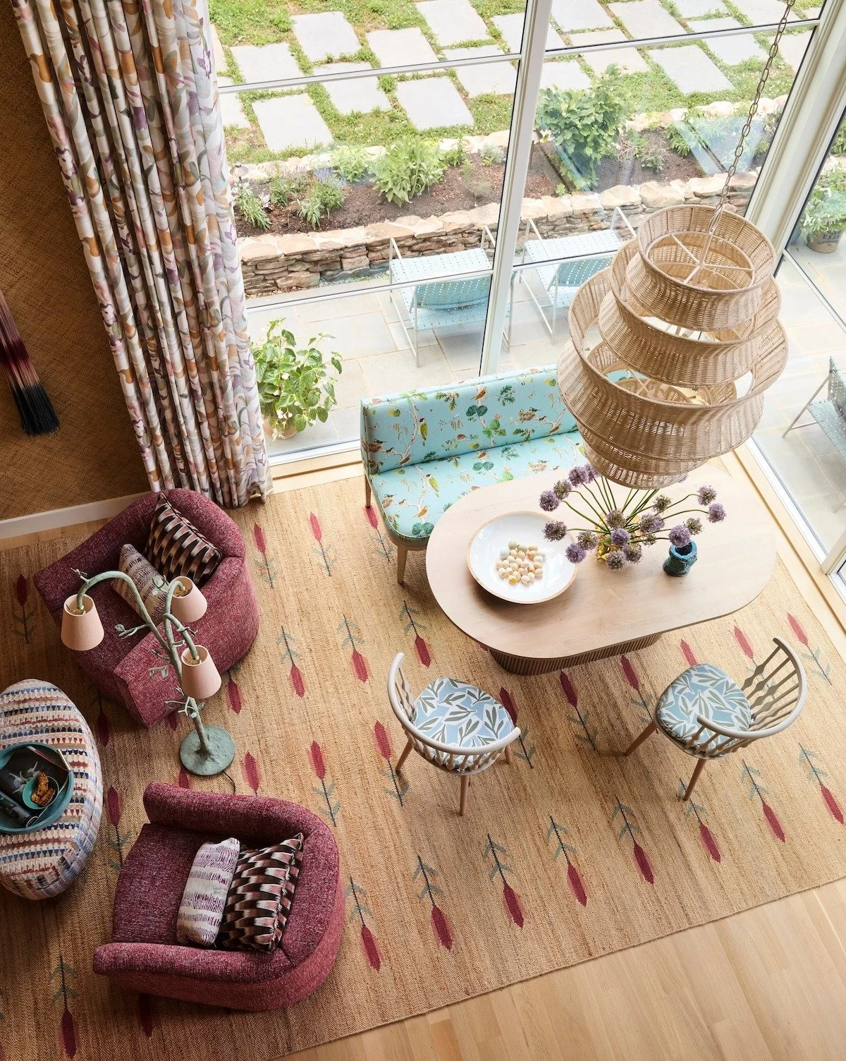 pittsburgh-custom-home-fox-chapel-dining-room-overhead-view-floral-rug-botanical-curtains.jpg