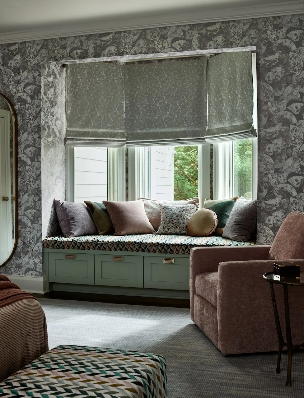 Serene bedroom corner fan wallpaper bay window seat sage built ins mauve swivel chair layered textile mix