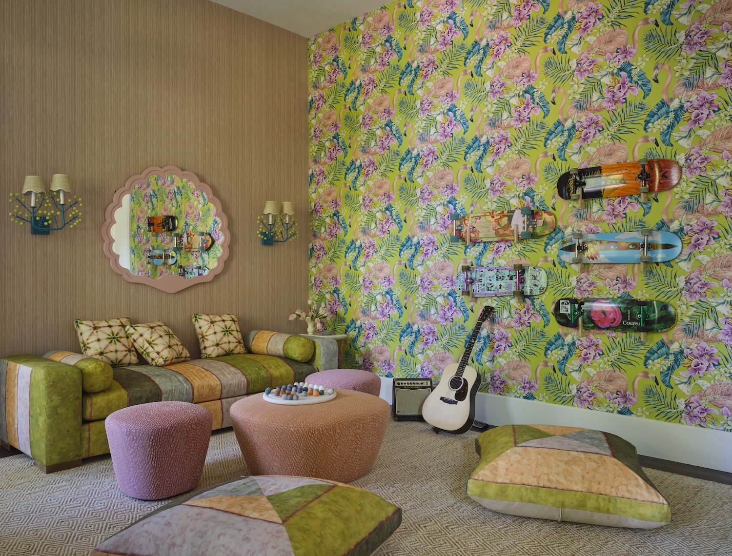 44-flamingo-wallpaper-colorful-sofa-skateboards-guitar-vibrant-game-room-playful-interior-design.jpg