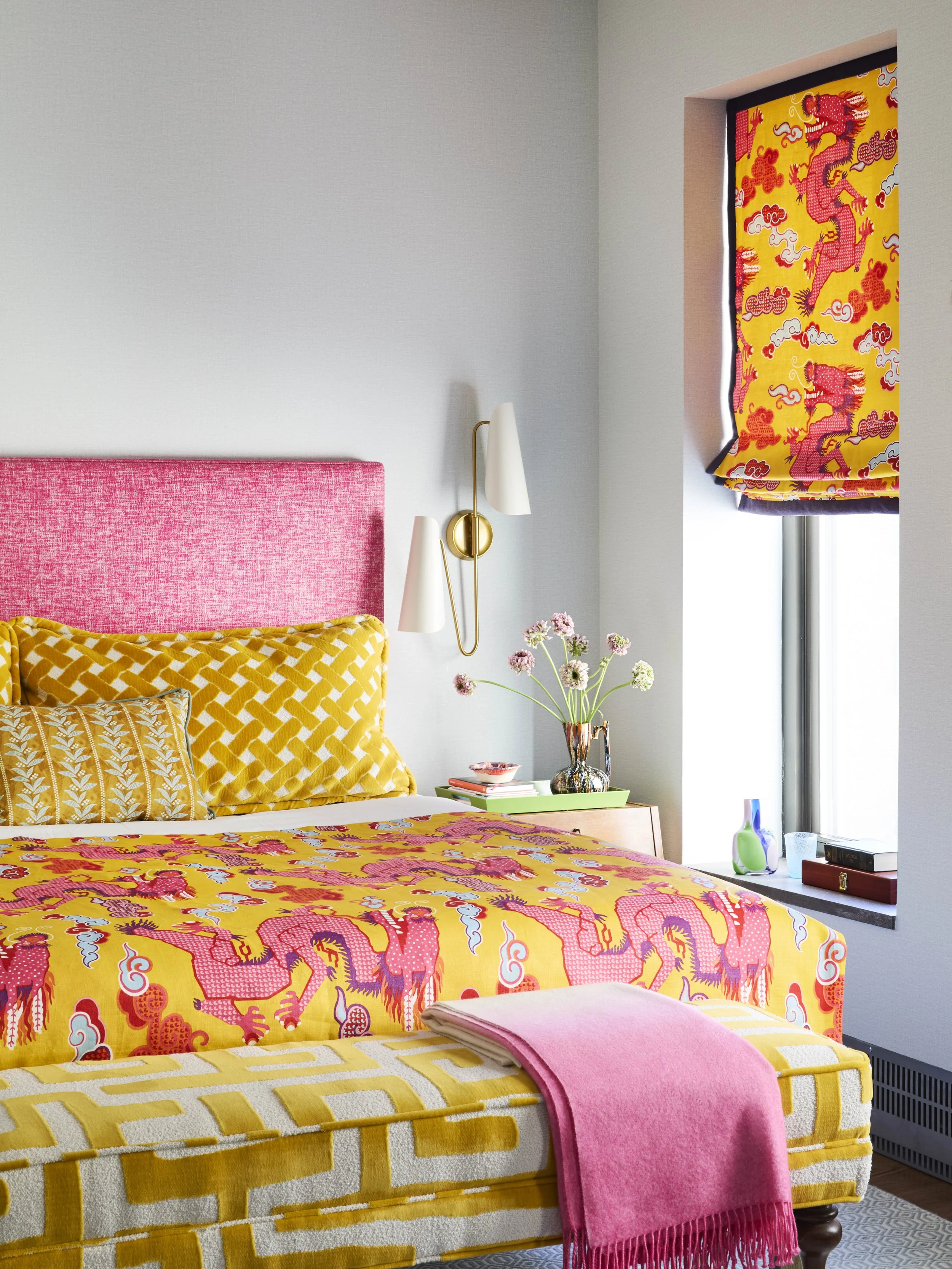 Custom bedroom furniture in bold fun prints with matching custom window shade. 