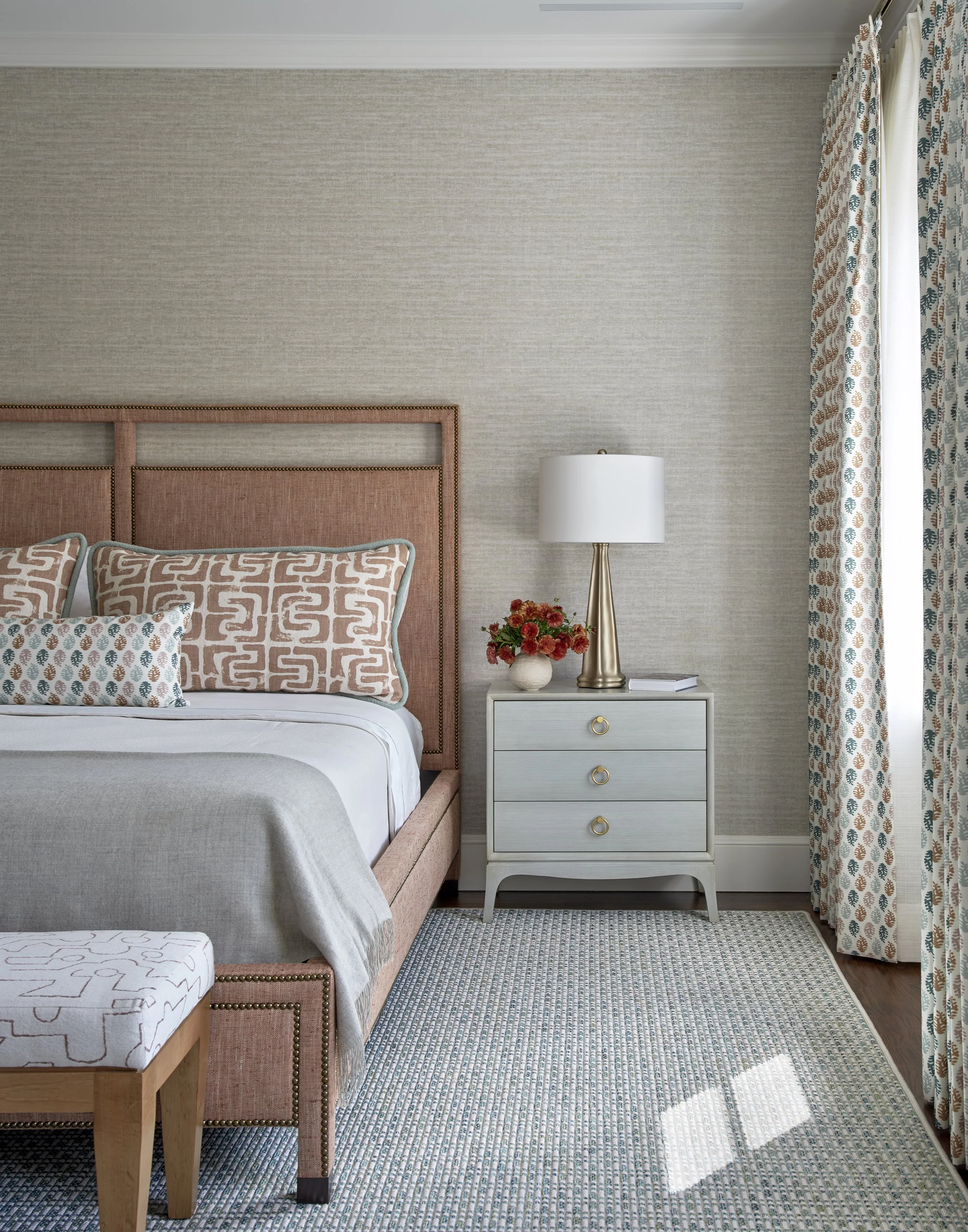 cozy bedroom design with bed patterned pillows and curtains modern interior decor stylish nightstand setup