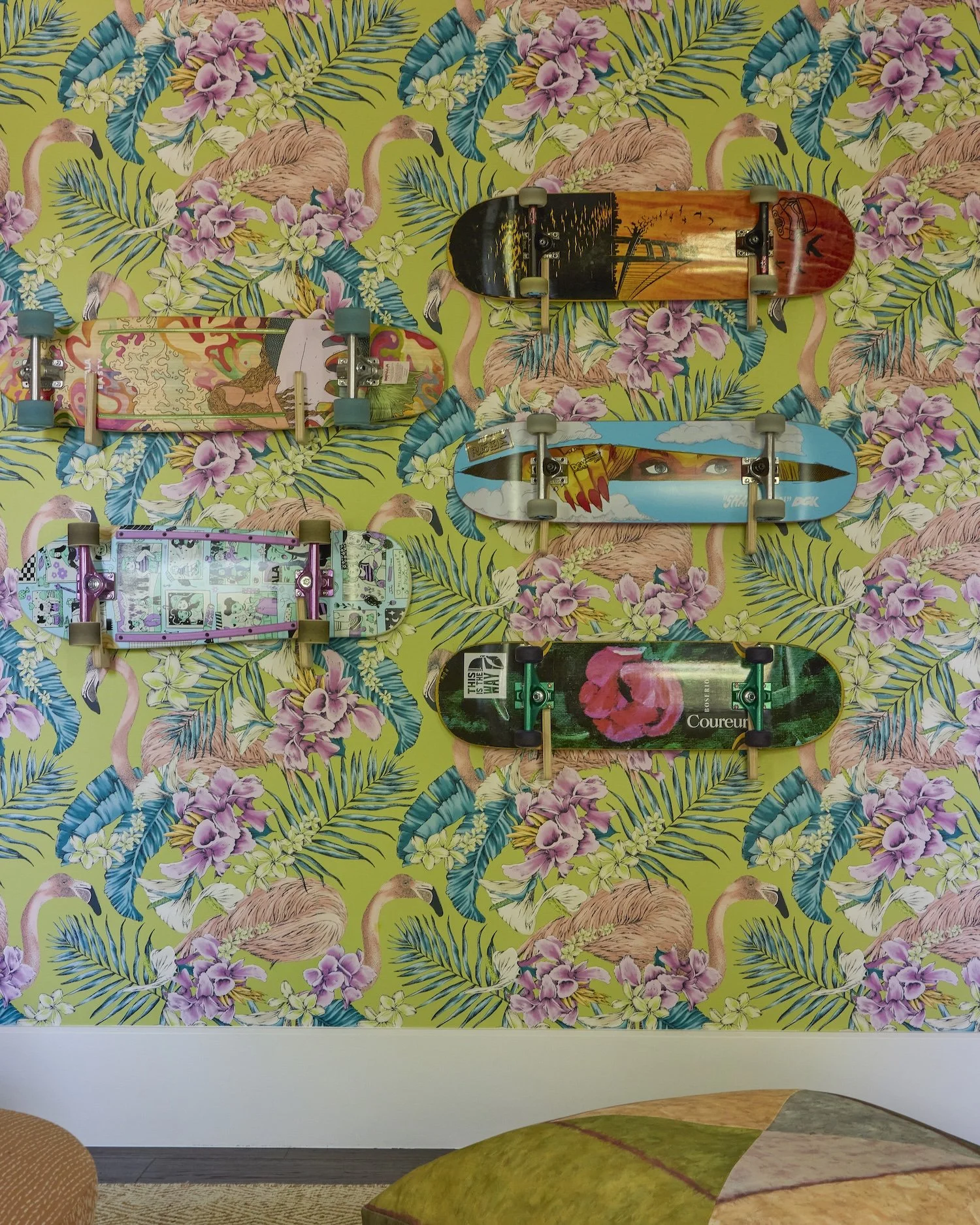 49-flamingo-wallpaper-skateboards-wall-mount-display-tropical-floral-pink-lime-green-youthful-vibrant-decor.jpg