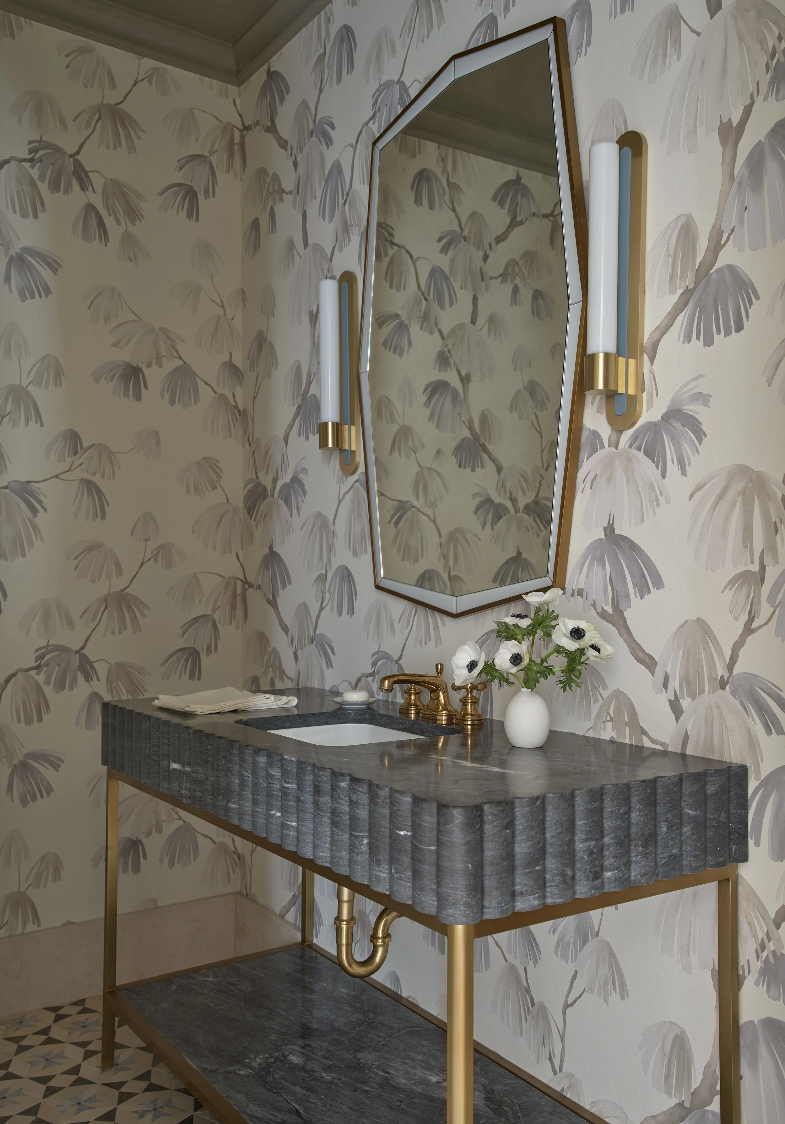 luxurious bathroom design with gray marble vanity gold fixtures elegant wallpaper modern mirror stylish sconces