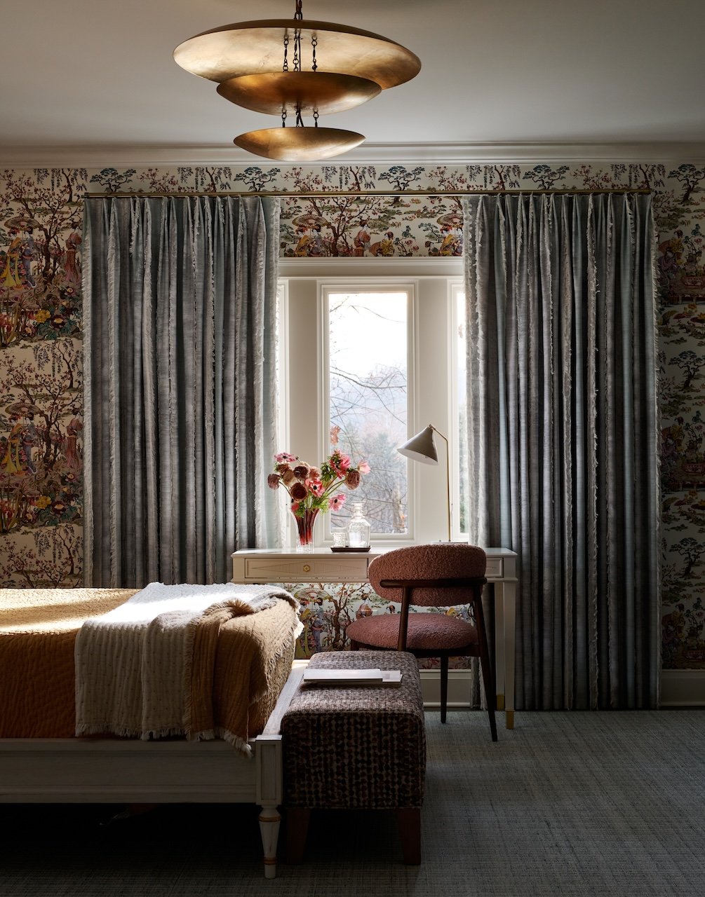 bedroom chinoiserie wallpaper fringed velvet drapes desk and chair