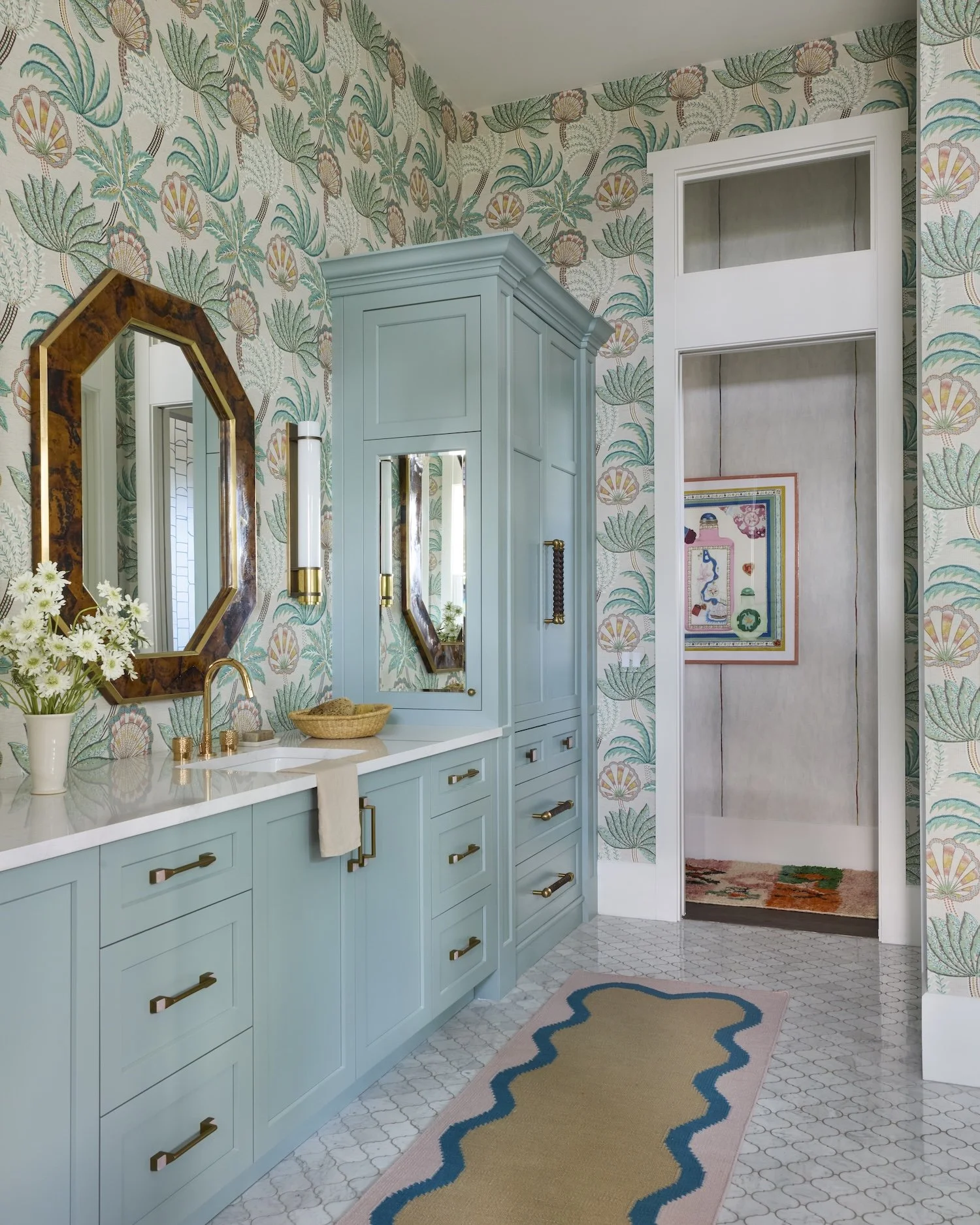 30-tropical-bathroom-floral-wallpaper-mint-green-vanity-octagon-mirrors-brass-hardware-unique-rug-design.jpg