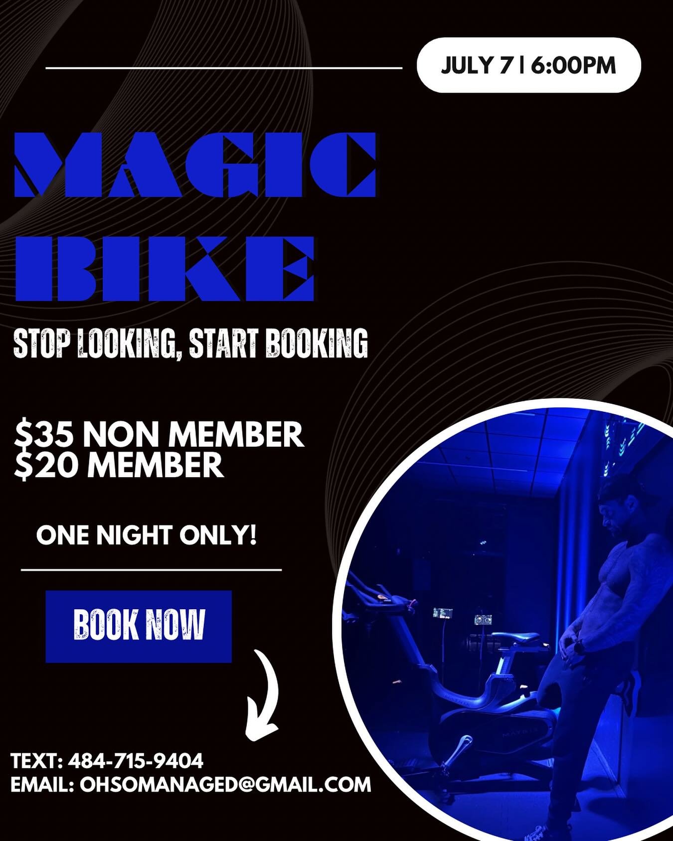 ✨ Magic Bike is now booking ✨
One night. One ride. One hell of a time.

🗓 Monday, 7/7/25
🕕 6:00 PM

$35 non-members
$20 for members or class pack holders

Call or text to book&mdash;before every last seat vanishes like his shirt in the opening numb
