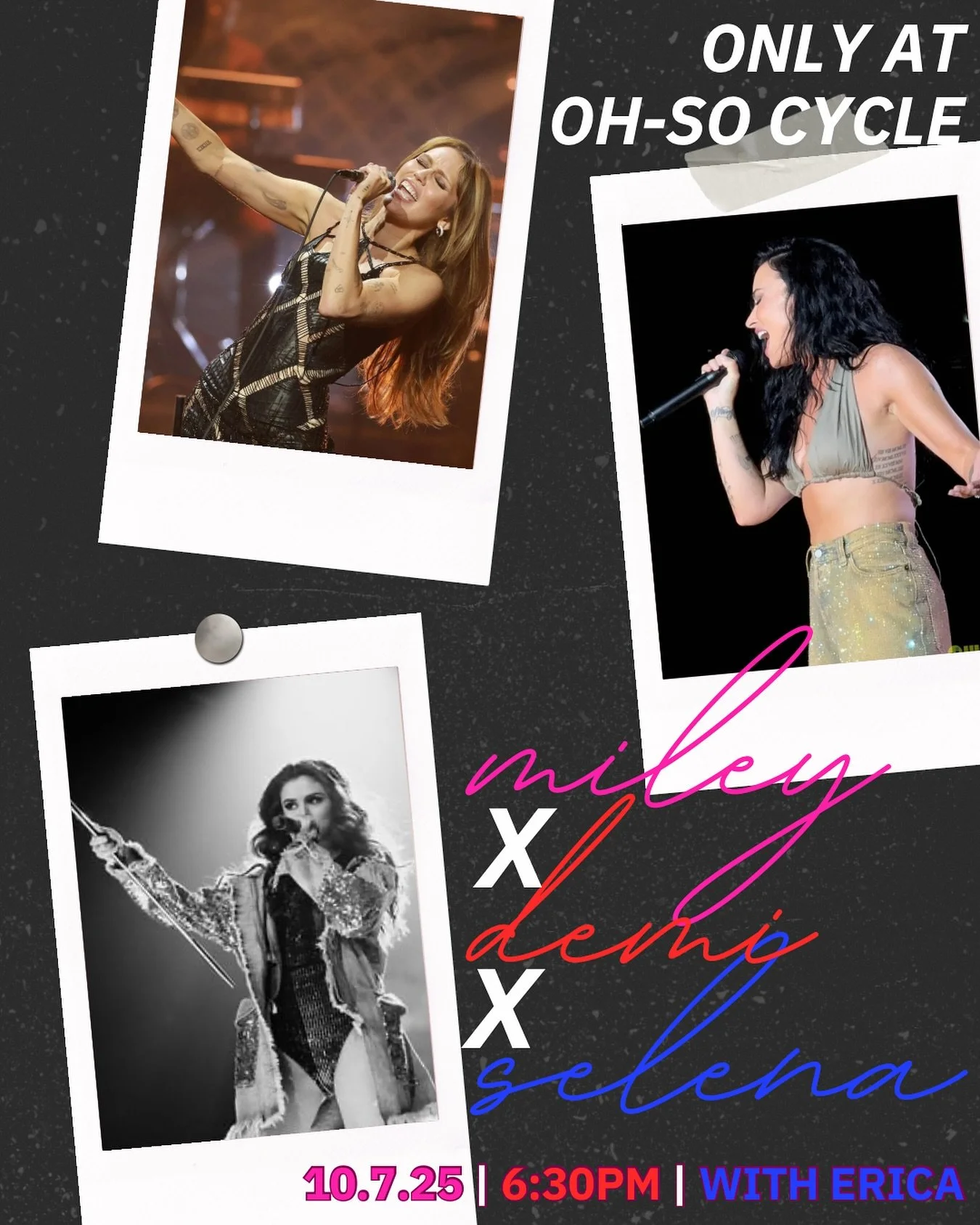 Miley. Demi. Selena. 💋 Three icons. One stage. One ride you don&rsquo;t wanna miss. Space is limited &mdash; book your bike now!

#OhSoCycle #NewarkDE #SpinClass #IndoorCycling #ThemeRide #MileyCyrus #DemiLovato #SelenaGomez #DelawareFitness #CycleS