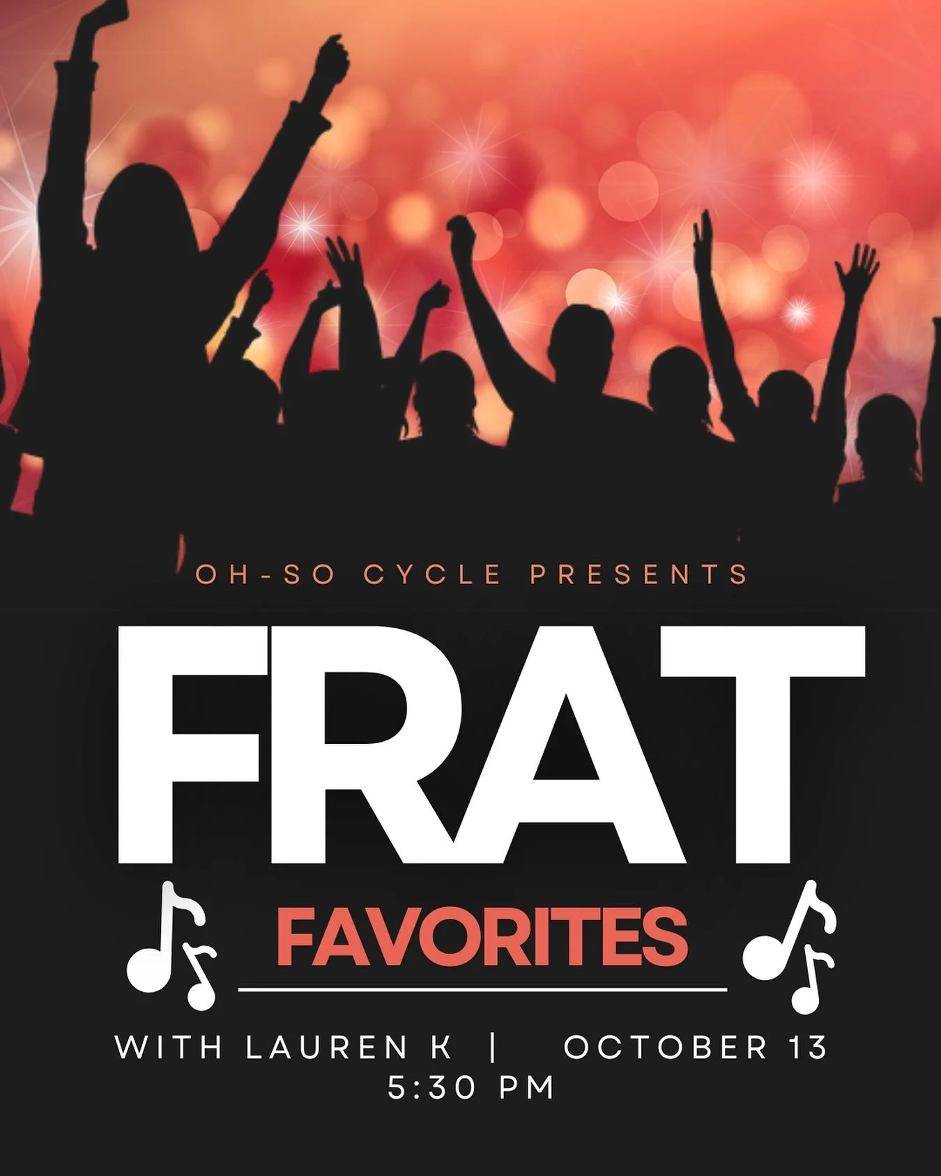 Lights down, volume up 🔥
FRAT FAVORITES with Lauren K &mdash; Monday 5:30 PM. Let&rsquo;s ride.
Book your bike now

 #OhSoCycle #FratRide #SpinClass #DelawareFitness #collegevibes