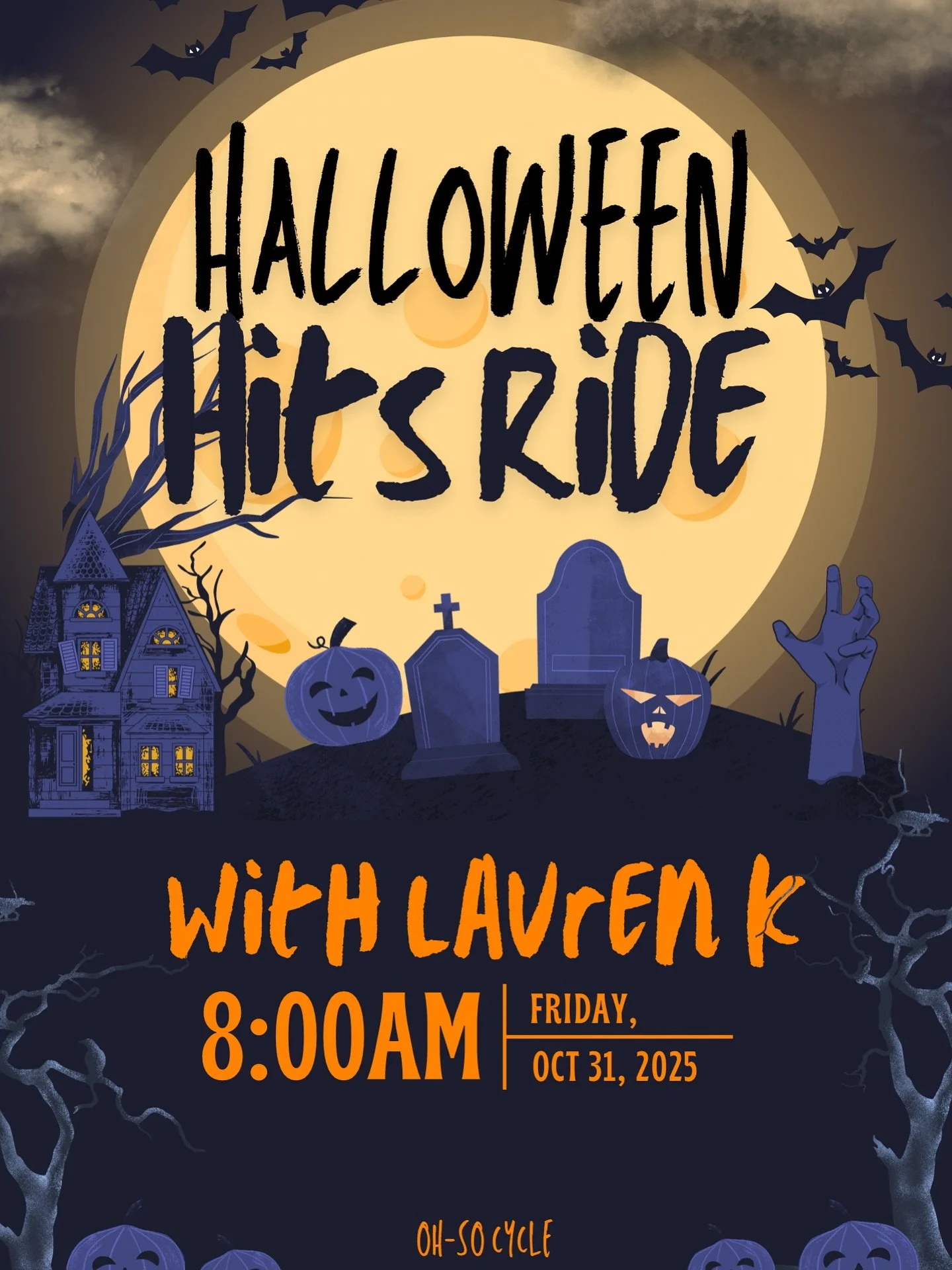 Spooky beats, killer energy 👻 Join Lauren K for a Halloween Hits Ride that&rsquo;ll wake the dead&mdash;8AM sharp 🎃🕷️ #OhSoCycle #HalloweenRide #SpinSpiritsHigh