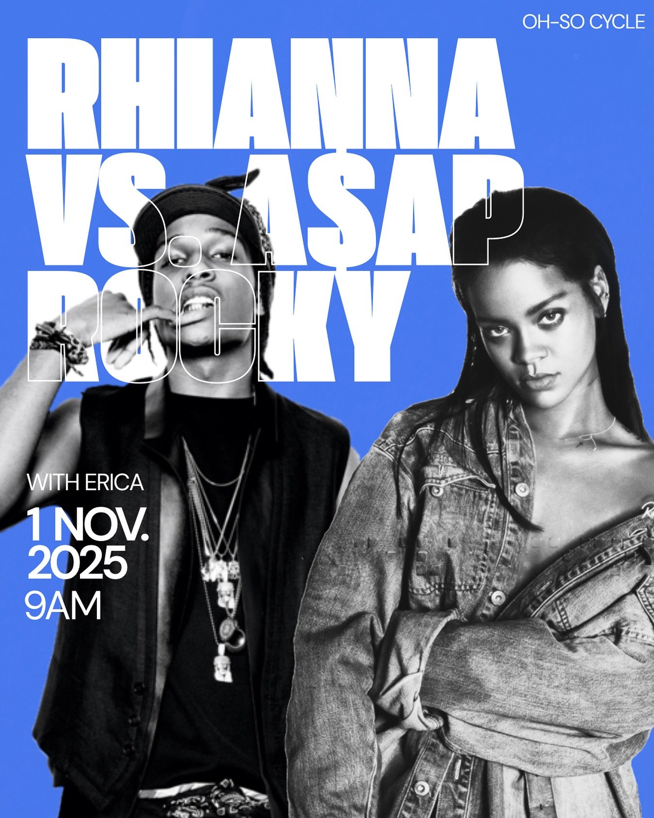 Couple goals or competition? 👀🔥 It&rsquo;s Rihanna vs A$AP Rocky&mdash;Erica&rsquo;s taking you through the ultimate power-duo showdown. Saturday, Nov 1 | 9 AM 💥 #OhSoCycle #SpinBattle #RihannaVsRocky