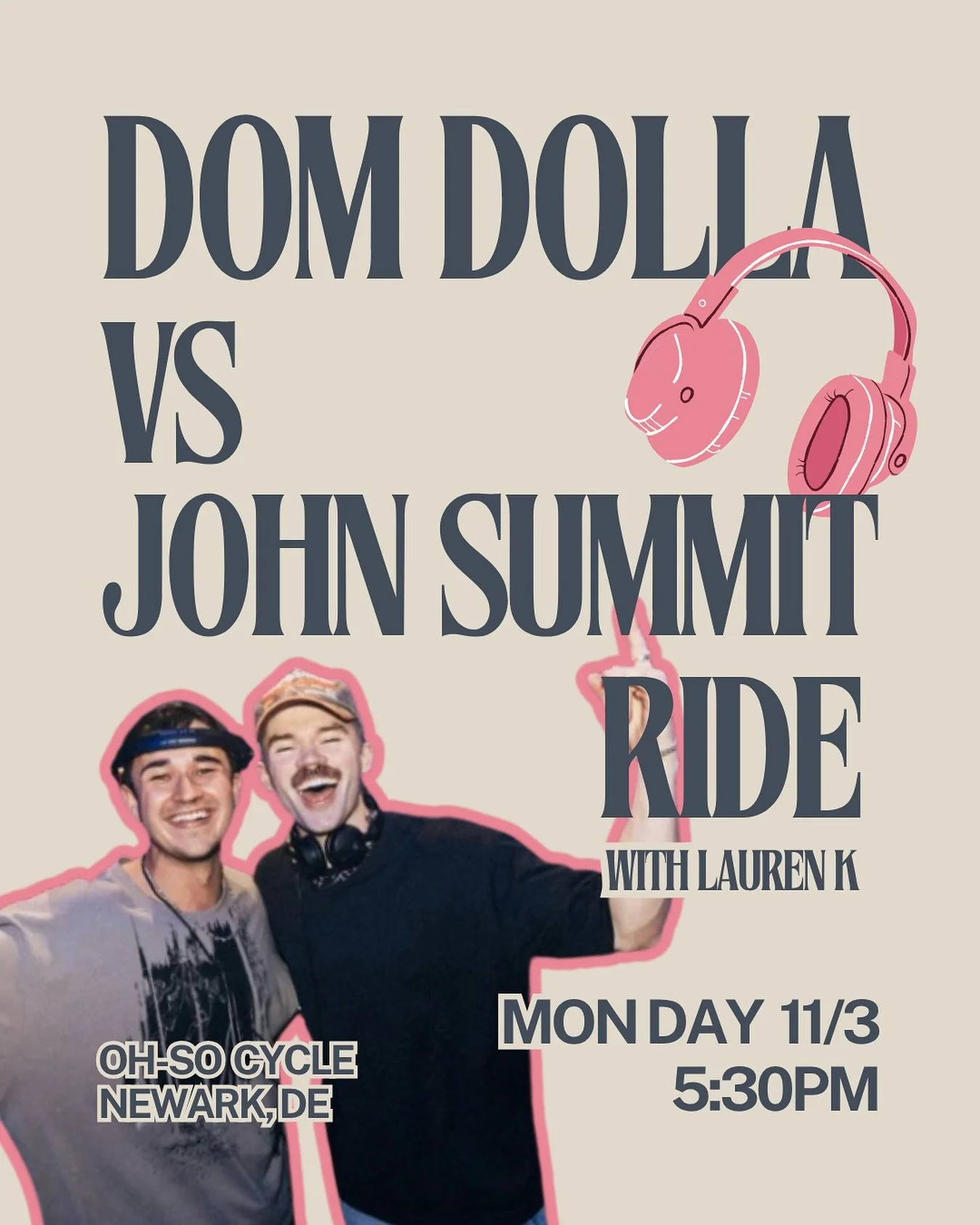 House beats, big drops, and Lauren K on the podium 🔥 Dom Dolla vs John Summit - who&rsquo;s taking the crown? 🎧 Monday 11/3 at 5:30PM. Let&rsquo;s ride, Newark 🌀

#OhSoCycle #DomDolla #JohnSummit #LaurenK #EDMride #NewarkDE