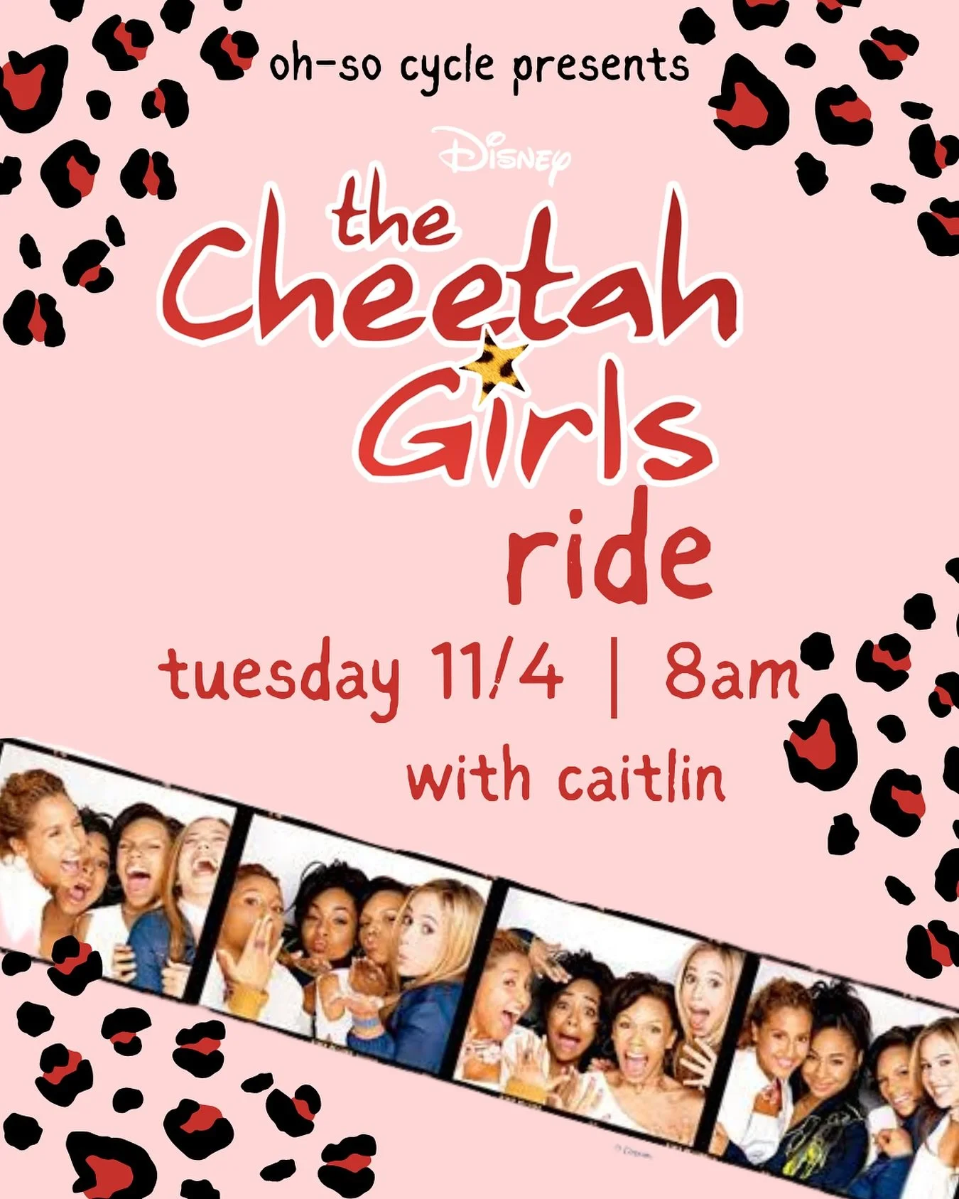 Because we are Cheetah Girls, Cheetah Sisters 🐆💖 Join Caitlin for a ride full of sparkle, sass, and sisterhood - Tuesday 11/4 at 8AM 🎤✨ #OhSoCycle #CheetahGirlsRide #CheetahSisters #DisneyVibes #NewarkDE