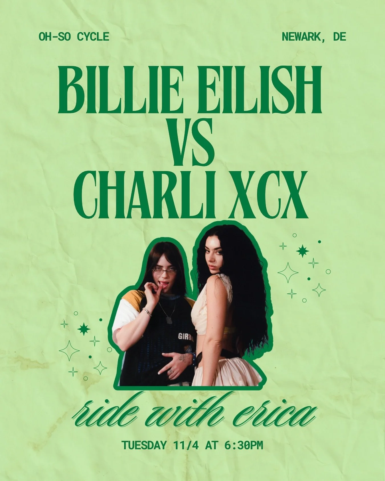Billie or Charli &mdash; who&rsquo;s your &lsquo;Guess&rsquo; for the crown? 👑💚
Pop meets power in this showdown ride with Erica 🎶 Tuesday 6:30PM &mdash; don&rsquo;t miss it 🔥

#OhSoCycle #BillieEilish #CharliXCX #Guess #SpinVibes