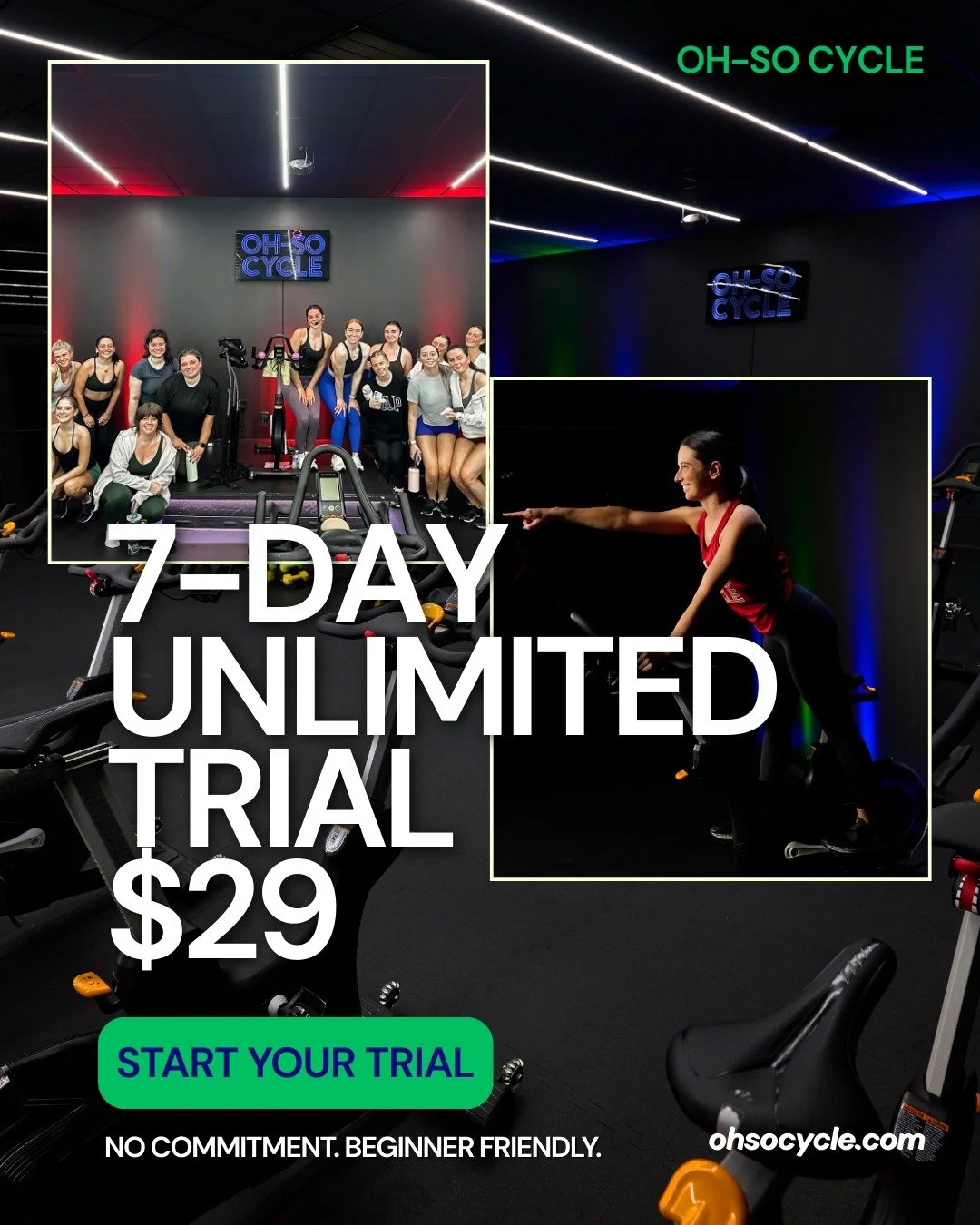 Ready to feel stronger this year?

Get 7 days of unlimited classes for just $29 - shoes included.
No experience needed, no long-term commitment, just show up and ride.

✔ beginner friendly
✔ supportive coaches
✔ dark room, great music
✔ shoes include