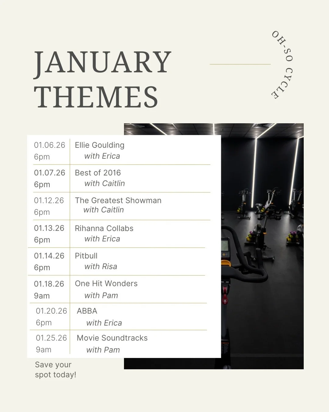 January is stacked. Theme rides all month long&hellip; Ellie Goulding, Best of 2016, The Greatest Showman, Pitbull, ABBA, Ariana, and more. Book your bike before they fill 😈

#ohsocycle #cycleclass #delawarefitfam #ridevibes #spinclassfun