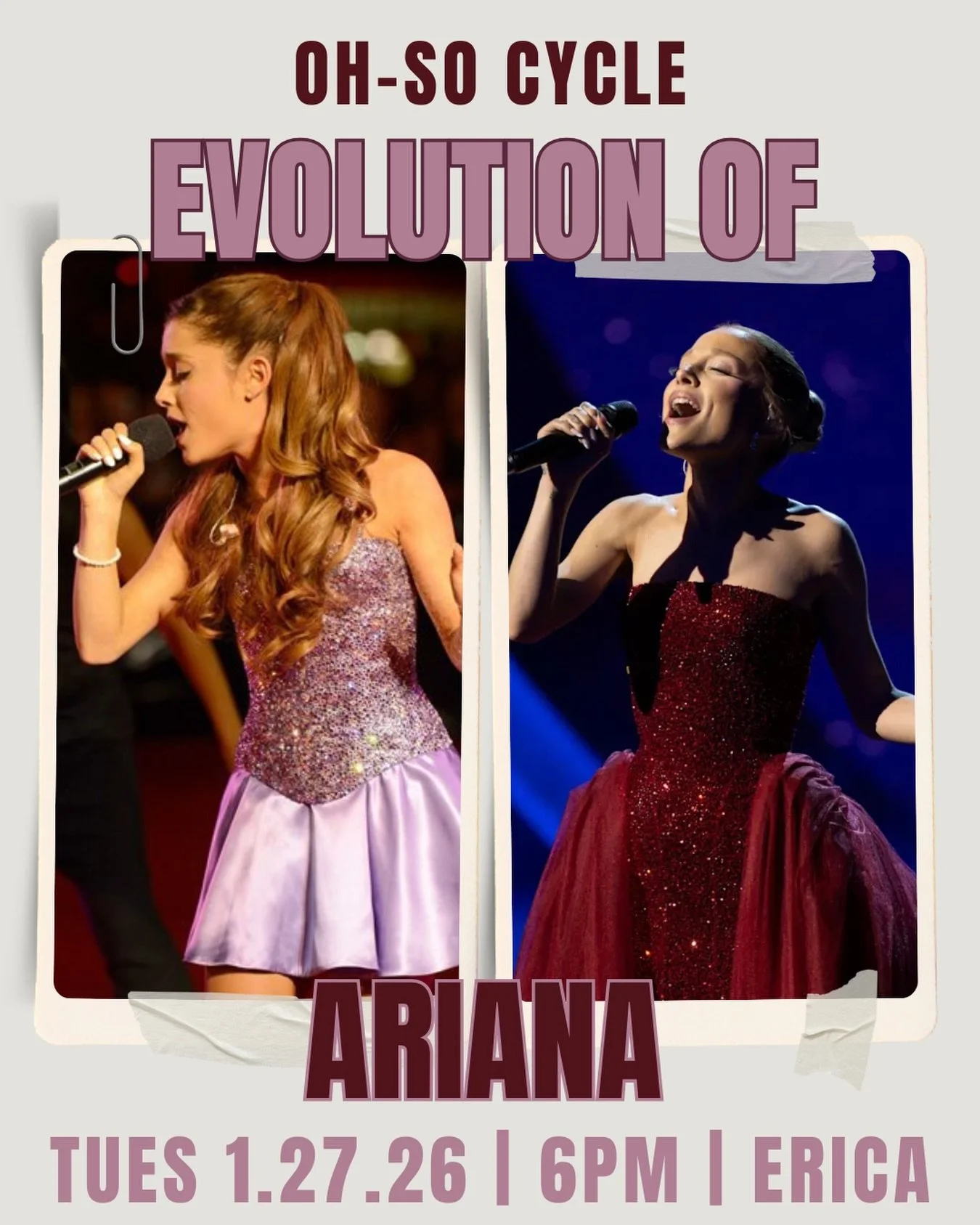 From ponytail pop to powerhouse vocals - we&rsquo;re riding through every era. ✨
Evolution of Ariana hits Tuesday, 1/27 at 6PM with Erica.
Big climbs, bigger choruses, and zero skips. You in?

#OhSoCycle #ThemeRide #PopRide #SpinStudio #RideWithUs