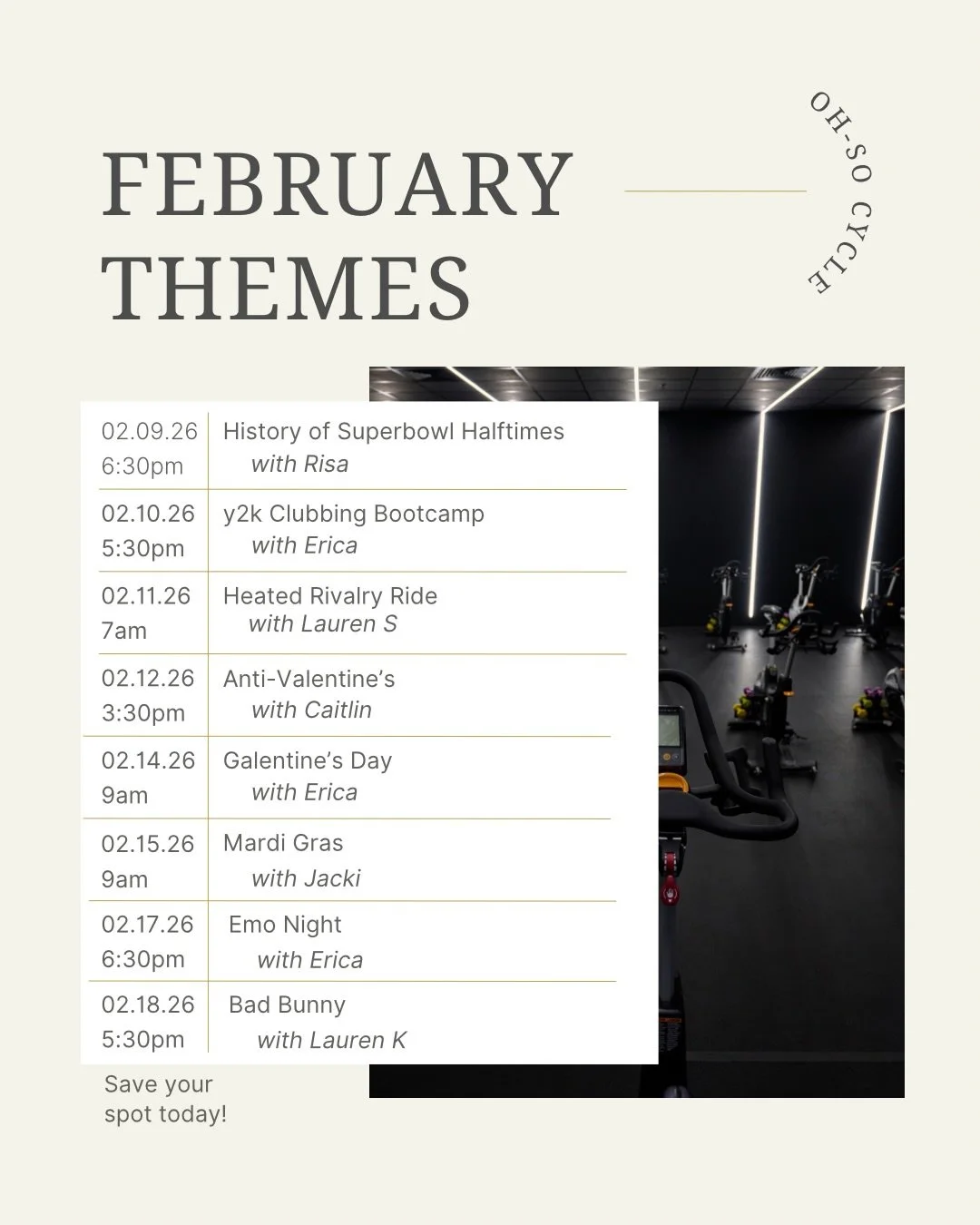 February is looking really good 💛🚲
The first week only will be discounted classes, and then we roll right into all of our February theme rides &mdash; pop favorites, throwbacks, dance parties, rivalries, and a little bit of rage (because balance 😌