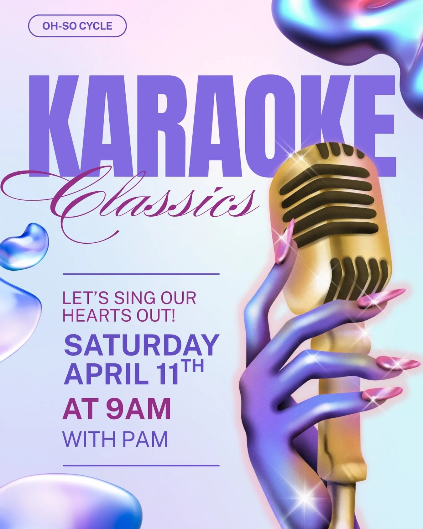 Grab the mic 🎤✨

Spots just opened up for this morning&rsquo;s Karaoke Classics - don&rsquo;t wait 👀

Join us at 9AM with Pam and let&rsquo;s sing + ride it out 💜

#OhSoCycle #KaraokeRide #SingAlong #SpinCommunity