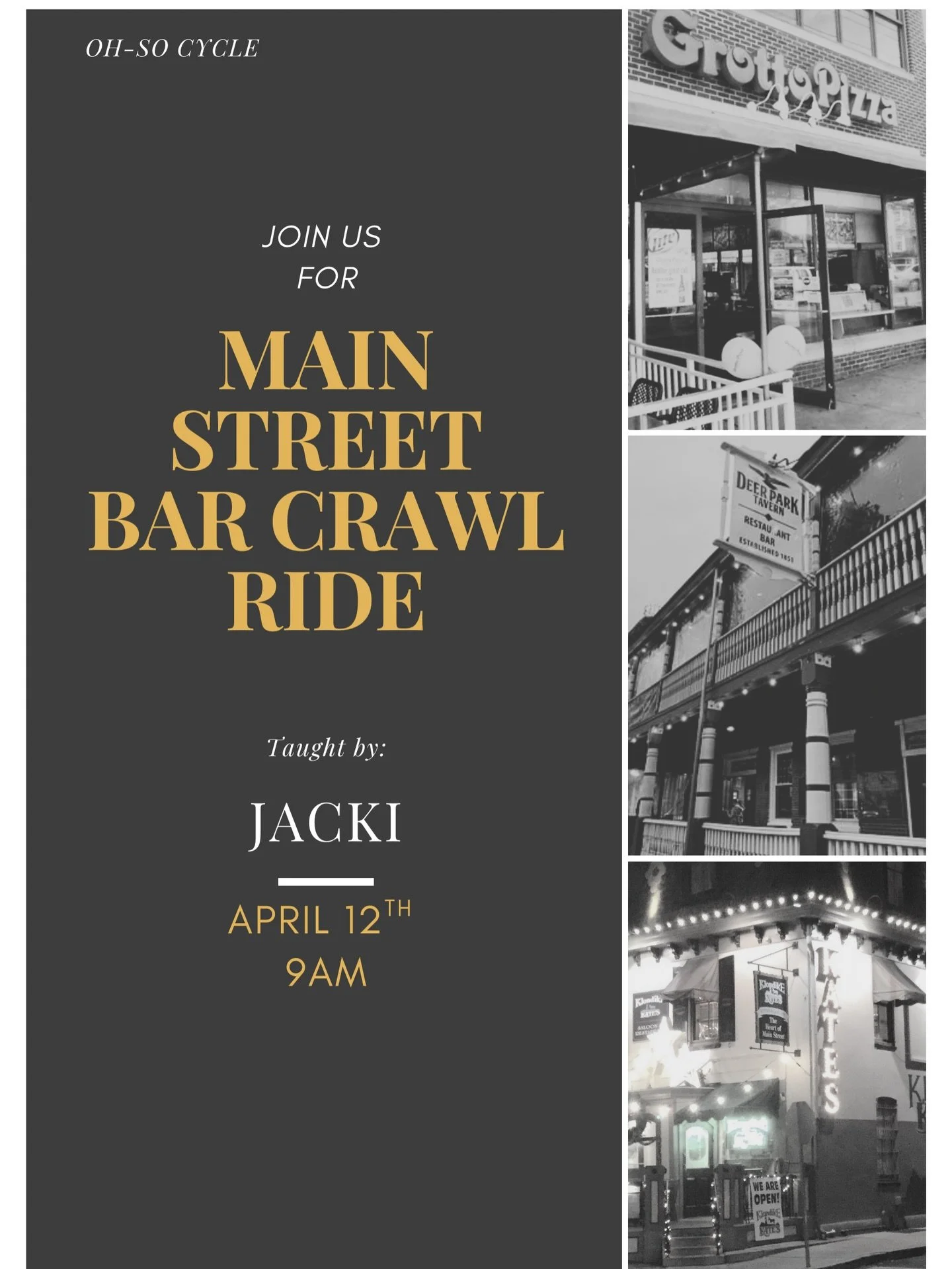 Your Sunday plans 🤝 handled 🍻

Main Street Bar Crawl Ride is going down TODAY at 9AM with Jacki 🎶

All the vibes of your favorite spots -no lines, no tabs, just a really good ride 😉

Grab a bike while you can 👀

#OhSoCycle #ThemeRide #MainStreet