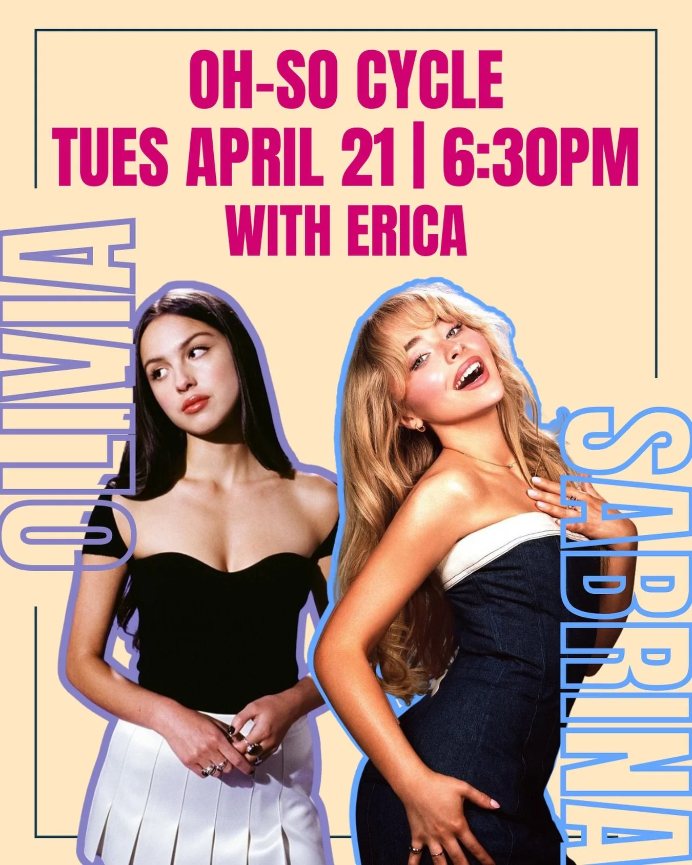 Tomorrow night = pop girl showdown 🎤✨

Olivia vs Sabrina with Erica
6:30PM - heartbreak anthems, sing-your-heart-out moments, and all the drama

Pick a side&hellip; or just show up ready to scream every word 😏

#OhSoCycle #ThemeRide #OliviaRodrigo 