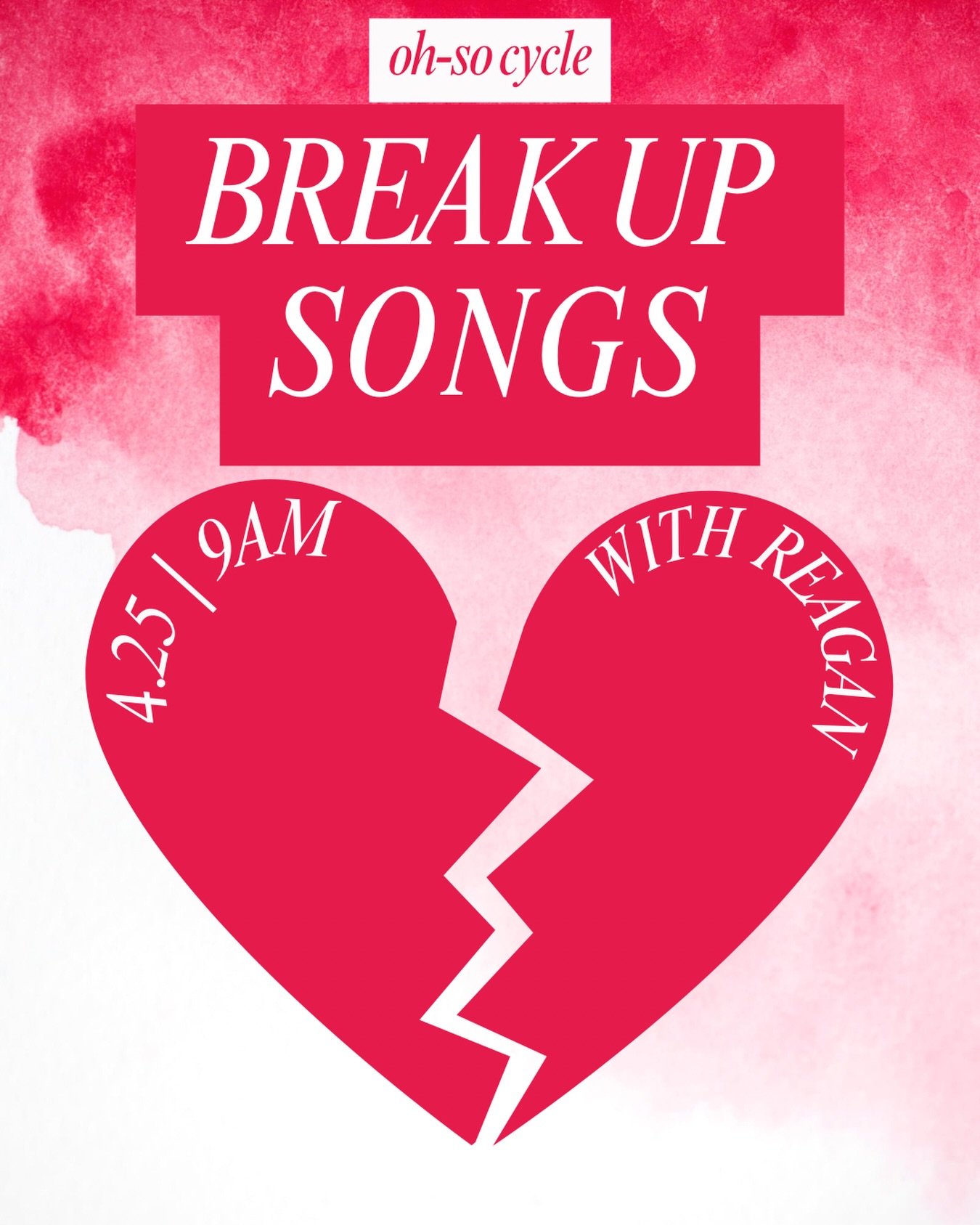 This Saturday we&rsquo;re turning heartbreak into cardio 💔🔥

Breakup Songs Ride with Reagan
9AM - emotional lyrics, scream-worthy choruses, and the kind of songs that hit every time

Bring your feelings, leave the baggage 😌

#OhSoCycle #ThemeRide 