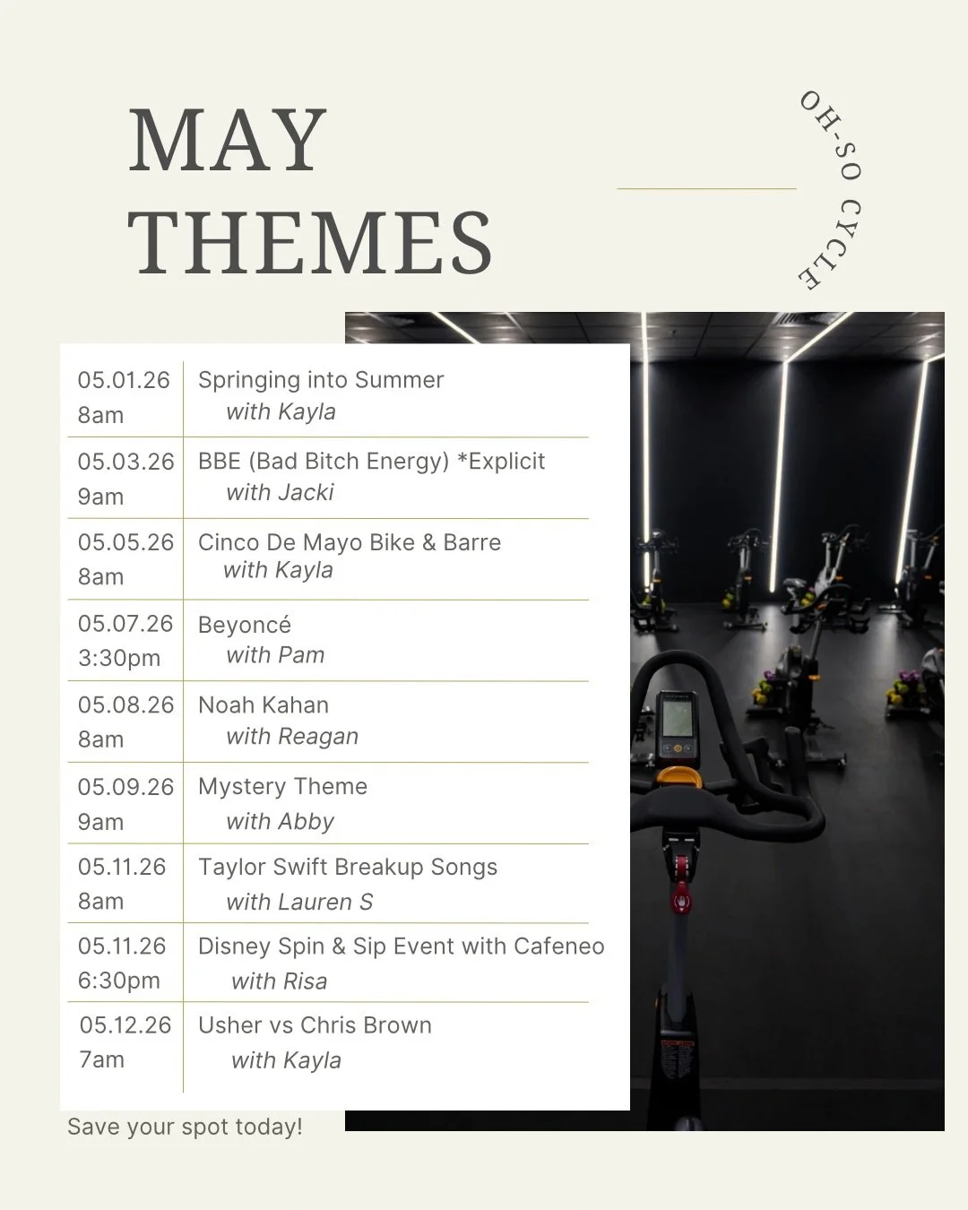 May themes just dropped 👀🔥

From throwback hits and powerhouse artists to bootcamps, mashups, and themed rides you won&rsquo;t want to miss&hellip; this month&rsquo;s lineup is packed.

Which ride are you claiming your bike for first? 🚲✨

Spots wi