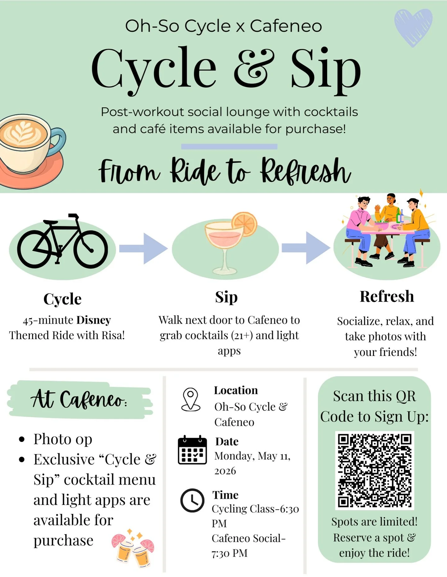 We&rsquo;re so excited to officially introduce our newest collab event: Cycle &amp; Sip with Cafeneo ☕🍸🚲

Join us on Monday, May 11th for an evening that combines movement, music, community, and a post-ride social experience right next door at Cafe