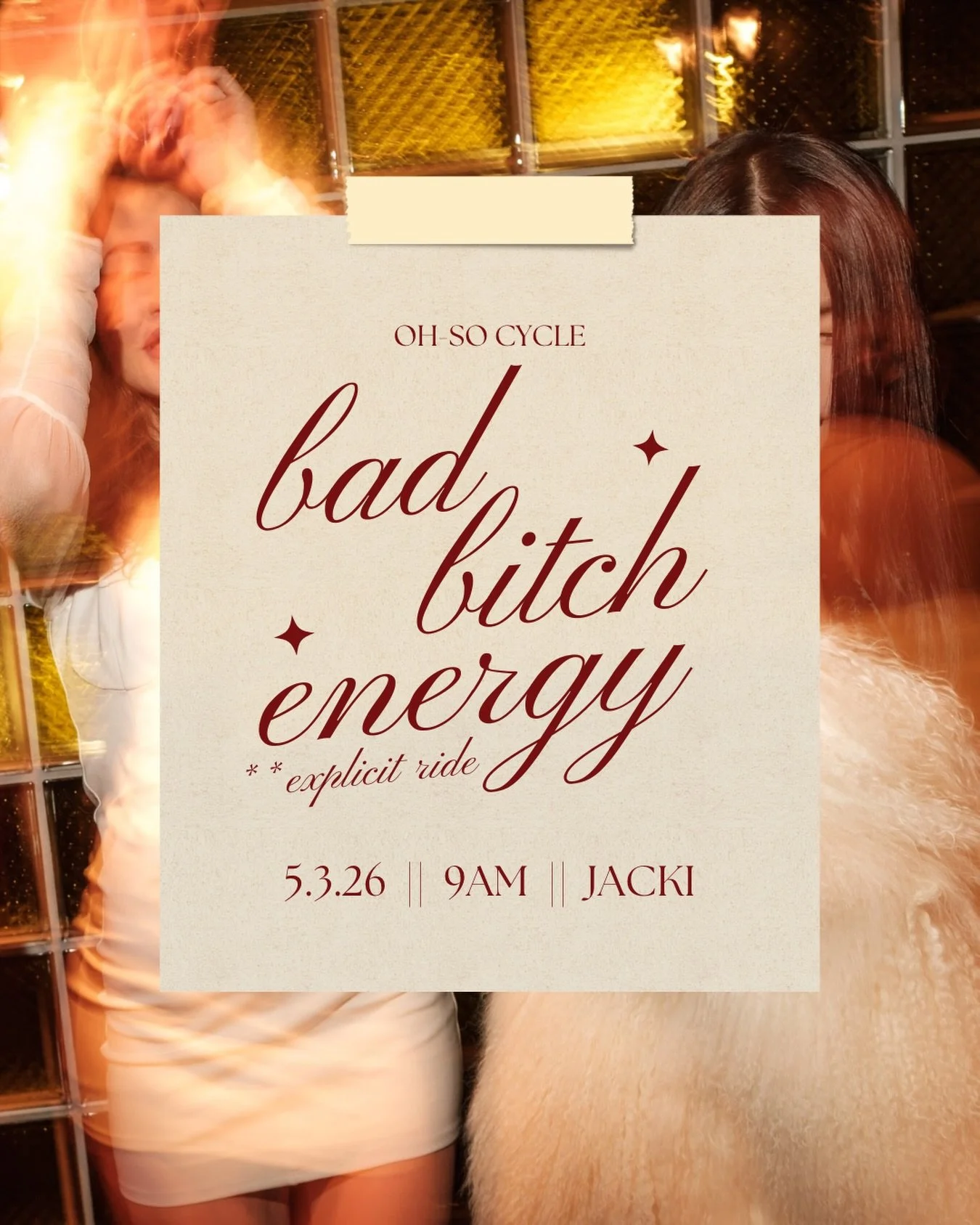 Main character energy only 💋

BBE (Bad Bitch Energy) is back and Jacki&rsquo;s bringing the confidence, chaos, and explicit playlist to your Saturday morning ride. Expect heavy beats, unapologetic energy, and a room full of riders ready to show up l