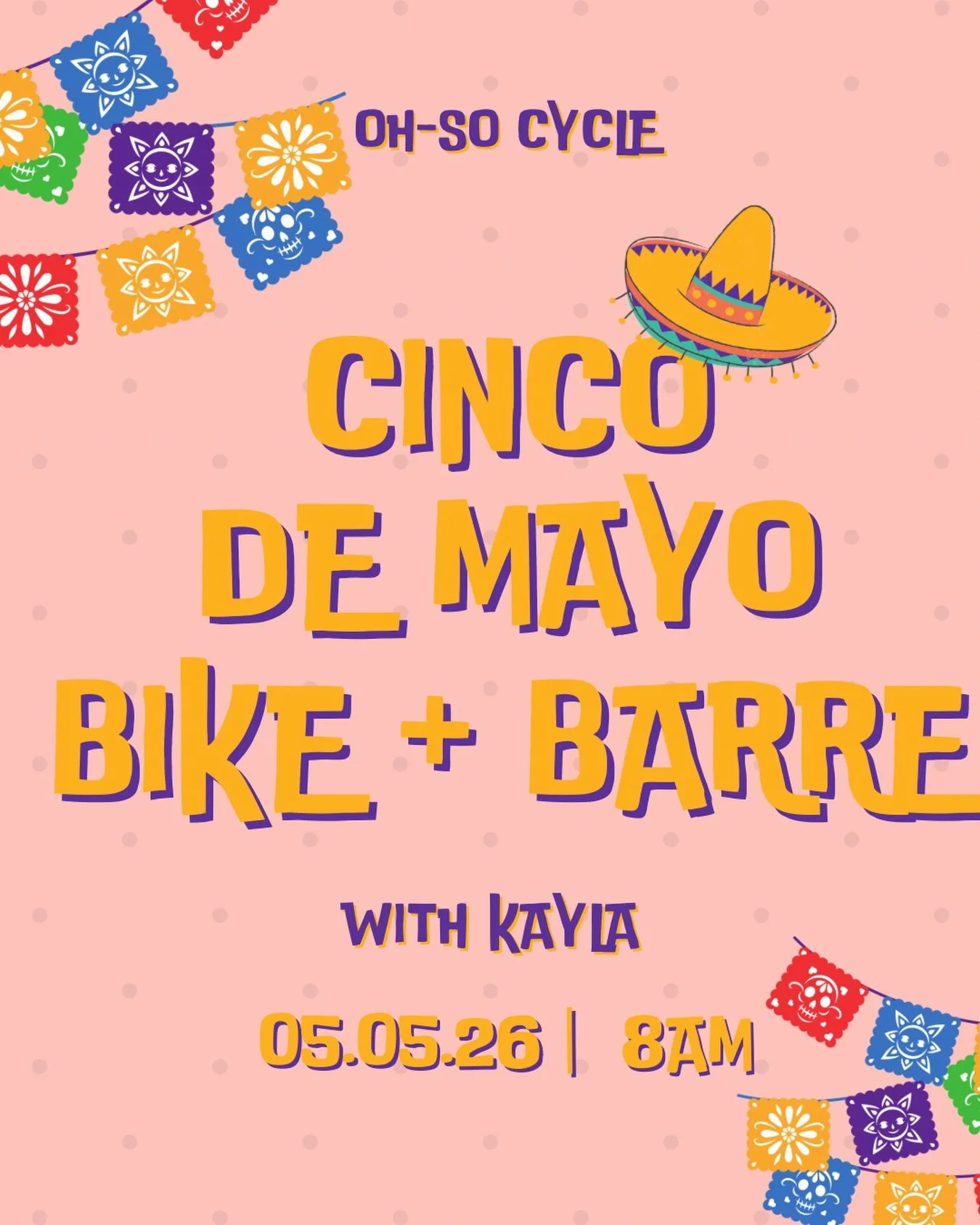 Cinco de Mayo - but make it bike + barre 🔥

Join Kayla for the perfect mix of high-energy cycling and barre work off the bike. Expect a full-body burn, upbeat playlists, and nonstop feel-good energy from start to finish.

It&rsquo;s giving party on 
