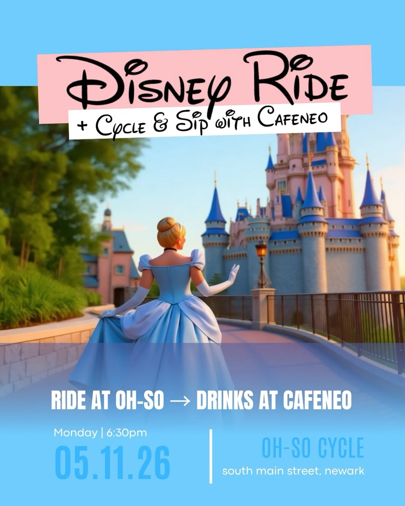 A little magic, a little movement, and a post-ride social? Sounds like the perfect Monday ✨🩵

Join us Monday, May 11th at 6:30PM for a Disney-themed ride with Risa followed by our Cycle &amp; Sip social with Cafeneo!

Here&rsquo;s how it works:
🚲 R
