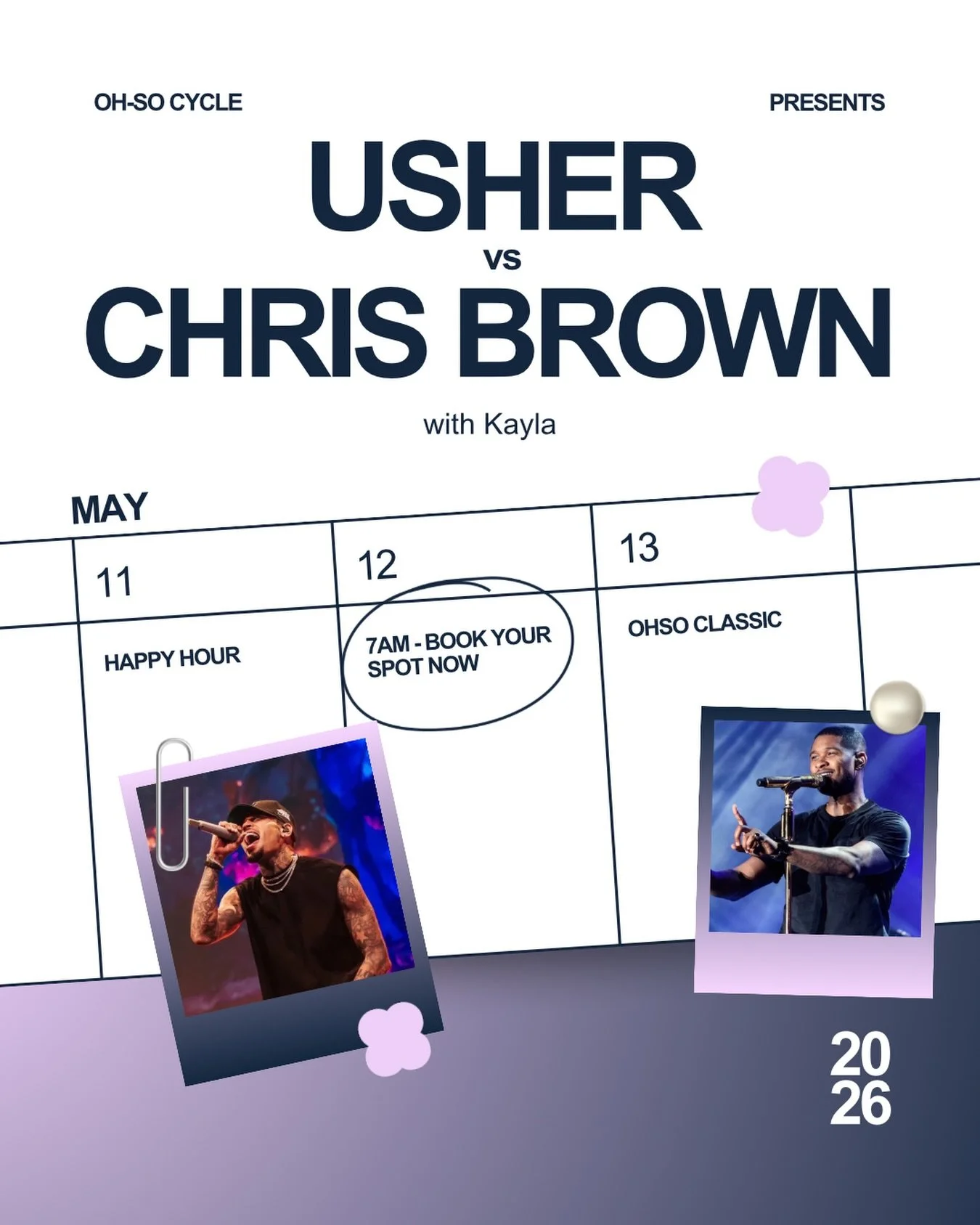 Two R&amp;B heavy hitters. One ride. 👀🔥

Usher vs Chris Brown hits the bikes Tuesday, May 12th at 7AM with Kayla 🎶

Expect throwback favorites, smooth vibes, high energy, and a playlist stacked with nonstop sing-along moments from start to finish.