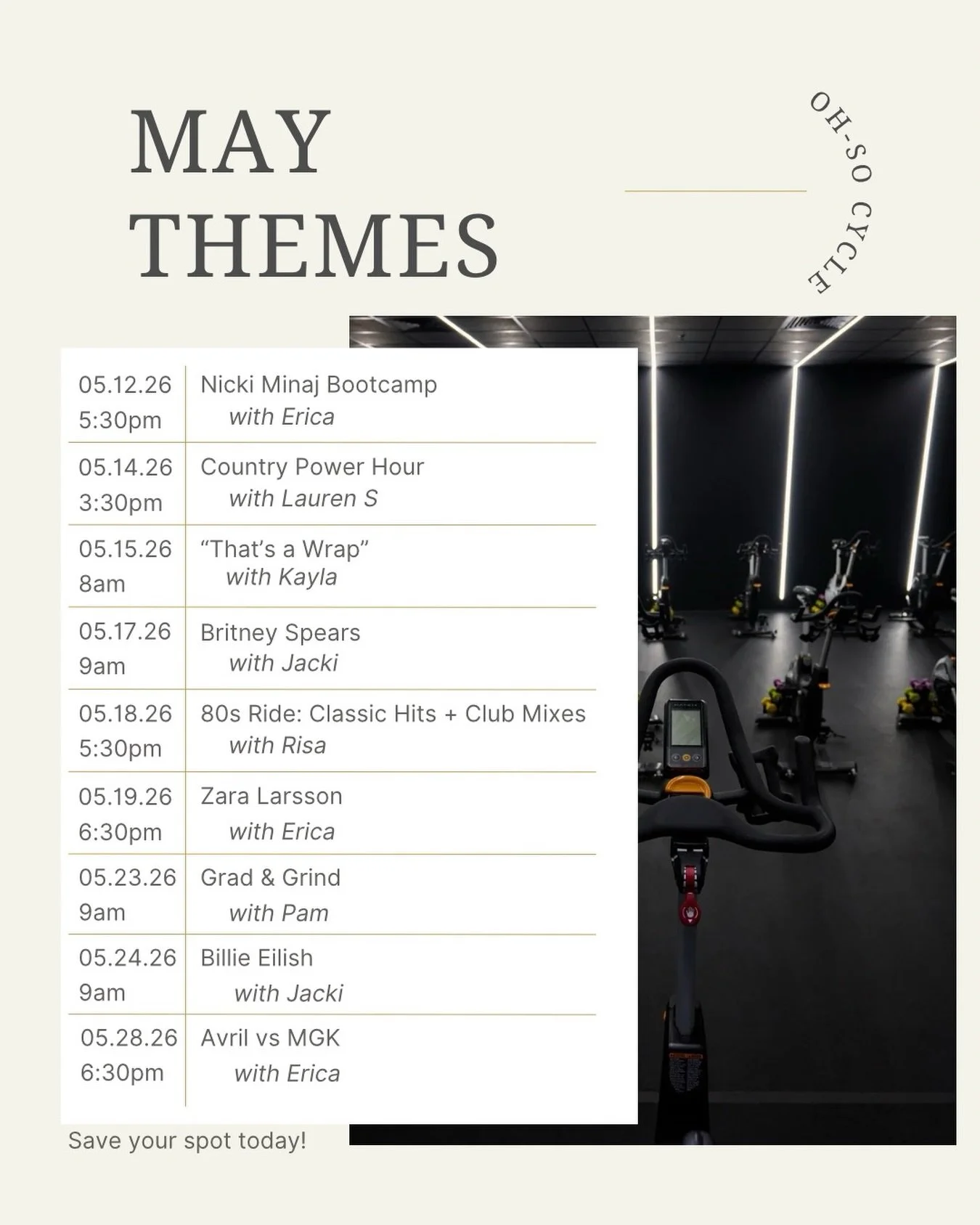 More May themes just dropped 👀✨

We&rsquo;ve got everything from bootcamp and power hours to throwback rides, pop icons, and feel-good playlists coming your way this month 💥🎶

Which one are you booking first? 👇

🔥 Nicki Minaj Bootcamp
🤠 Country