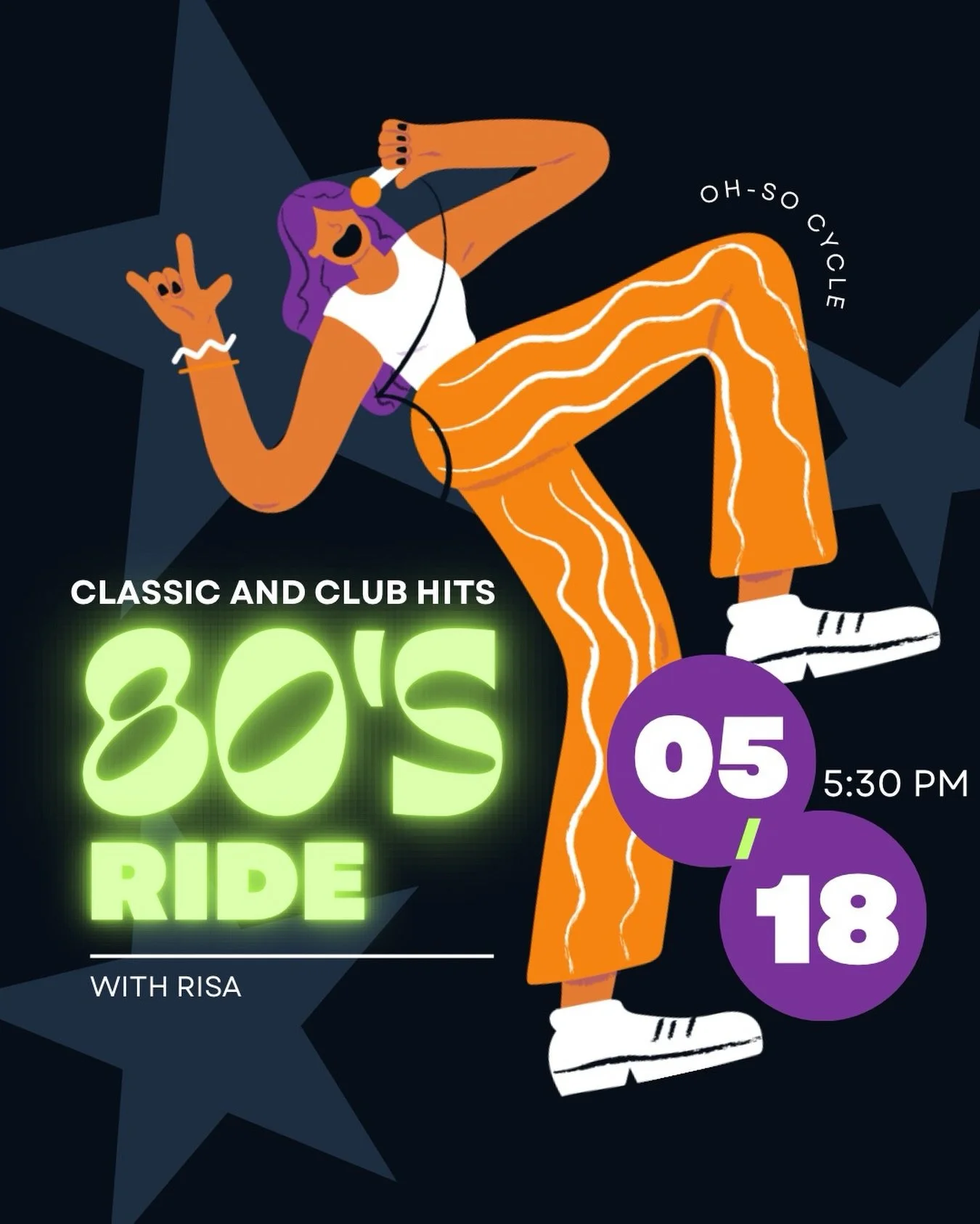 Calling all 80s lovers 🪩✨ 

Classic hits, club mixes, throwback energy, and a ride that&rsquo;s guaranteed to keep the vibes high from start to finish 🎶⚡️ Join Risa on Sunday 5/18 at 5:30PM for an 80&rsquo;s themed ride full of singalongs, nostalgi