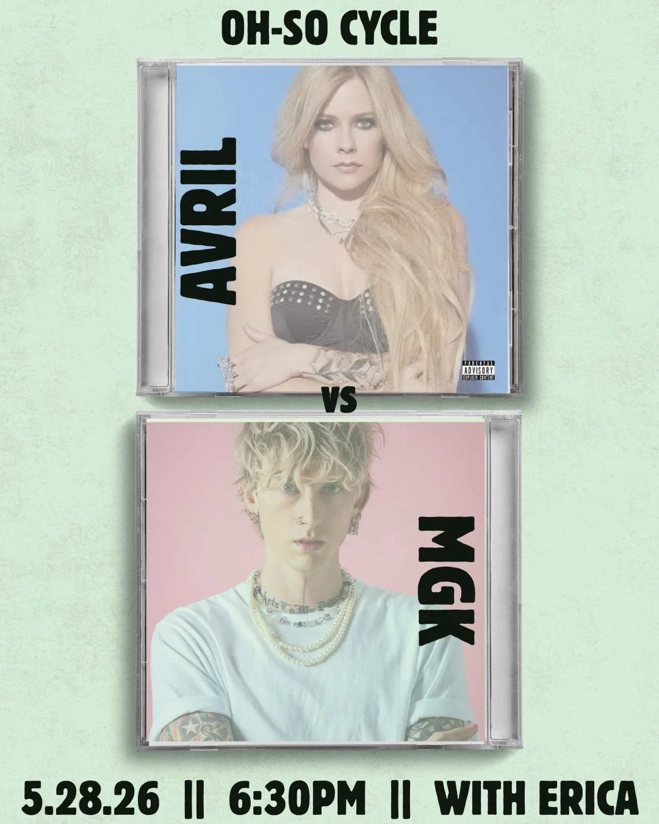 Pop punk princess vs sad boy anthems 👀🎶

Who&rsquo;s taking the win: Avril Lavigne or Machine Gun Kelly? ⚡️ Join Erica on 5/28 at 6:30PM for a ride packed with throwbacks, high energy, and all the singalong moments 🚲🔥

Pick your side&hellip; then