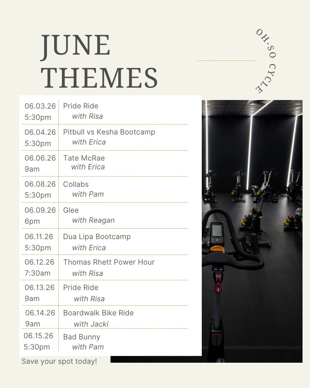 June is loaded 🔥

From Pride Rides and Bootcamps to Glee, One Direction, Noah Kahan, Bad Bunny, Classic Rock, and everything in between, there&rsquo;s something for every playlist lover this month. 🎶🚲

Which ride are you booking first? 👀 Drop it 