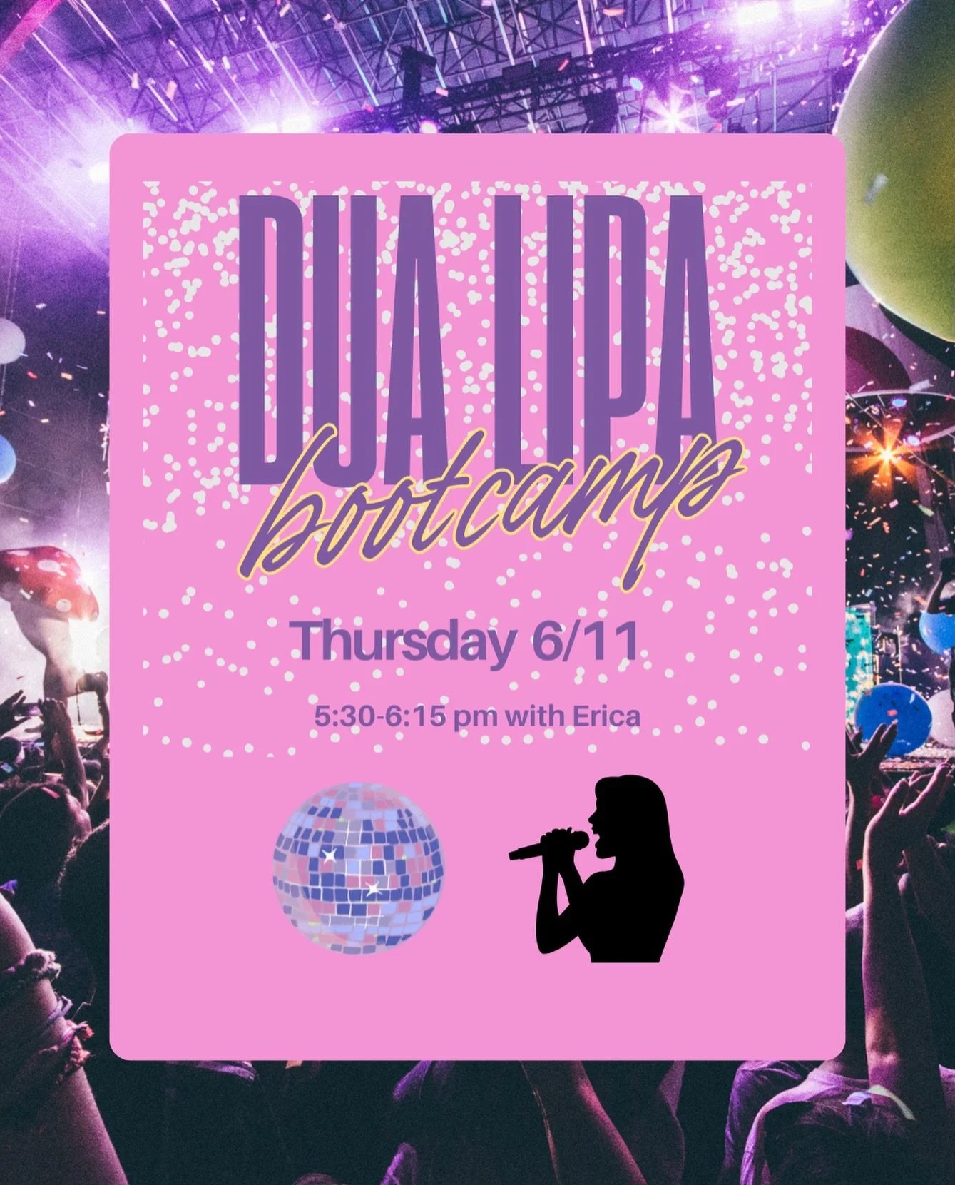 Dua Lipa Bootcamp is calling 💖🪩

45 minutes of intervals, strength work, and nonstop Dua hits. If you love a bootcamp and a good pop playlist, this one&rsquo;s for you.

🎤 Thursday, June 11
⏰ 5:30 PM
💪 With Erica

Grab your spot before this one f