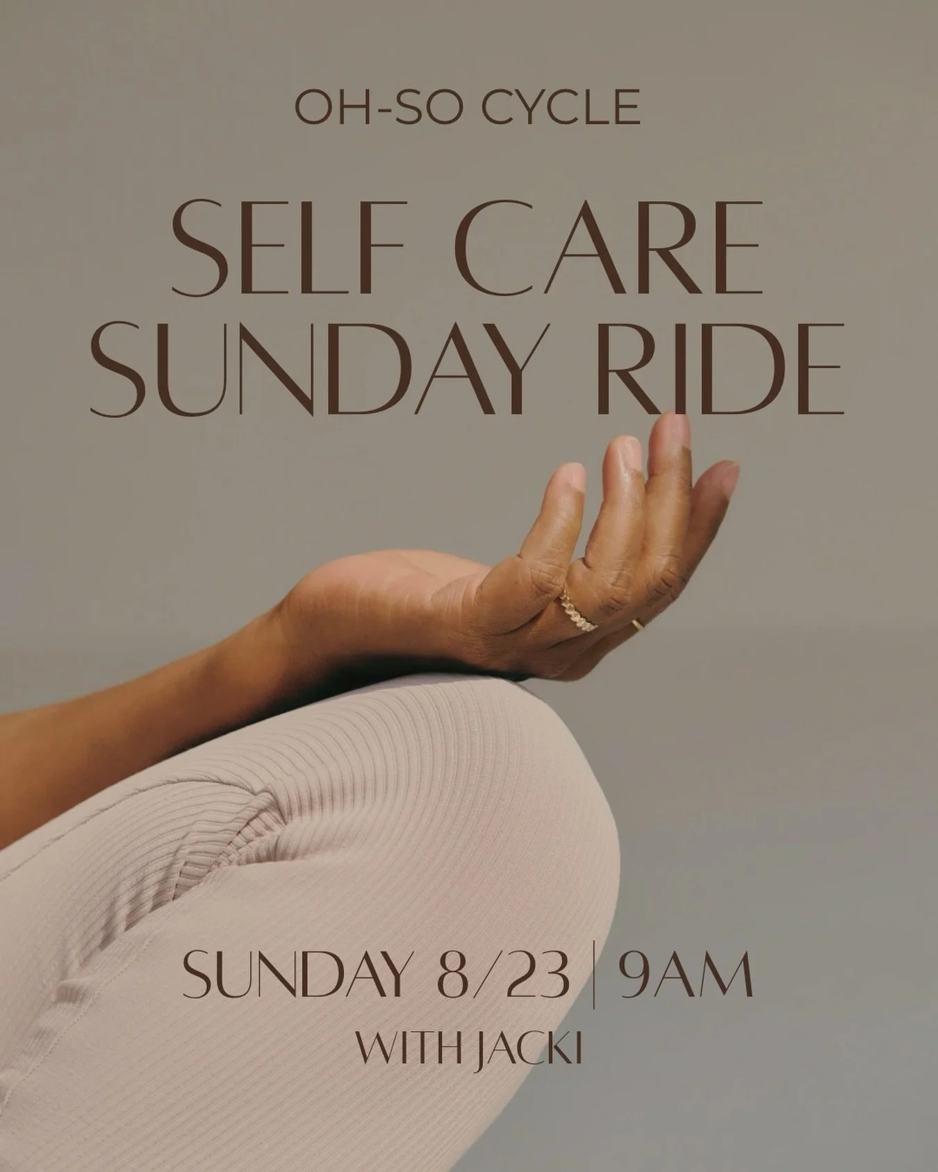 Sunday plans: a little movement, a little music, and some time for you. 🤍

Join Jacki for our Self Care Sunday Ride - a feel-good way to reset, recharge, and start your Sunday on the bike.

Sunday, August 23 | 9AM
with Jacki

#OhSoCycle #SelfCareSun