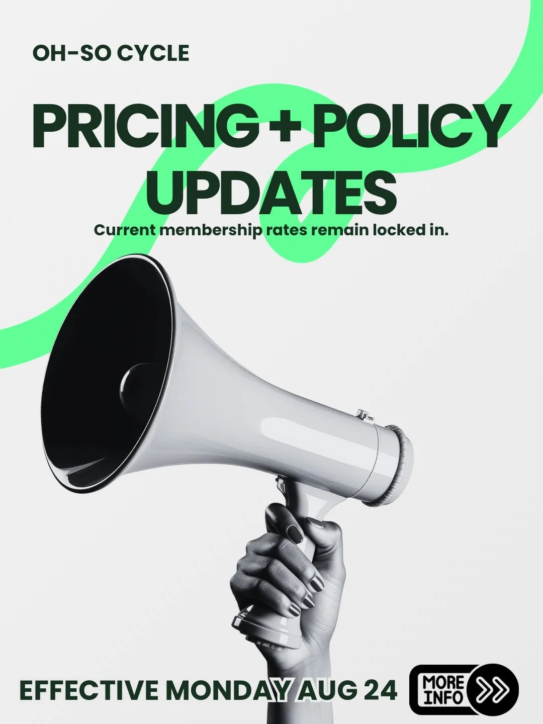 📣 Pricing + policy updates are coming to Oh-So Cycle Monday, August 24!

First and most importantly: CURRENT MEMBERSHIP RATES WILL REMAIN LOCKED IN. If you currently have an active recurring membership, your membership rate will not change.

Beginni