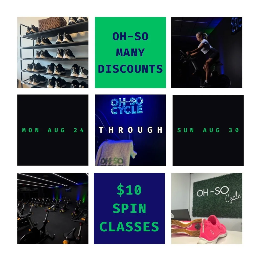 Want to try Oh-So Cycle for less? 💙💚

For one week only, spin classes are just $10 from August 24&ndash;30.

Whether you&rsquo;re brand new, getting back into a routine, or just want to add a few extra rides to your week, this is the perfect time t