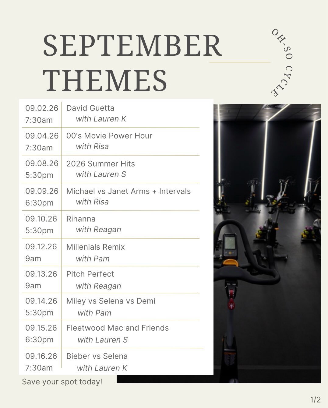 SEPTEMBER LINEUP IS HERE! 🎶✨

New month, new rides, new energy! 

Which ride are you most excited for? 👀 Let us know below! ⬇️

#ohsocycle #302fitness #spinclass #groupﬁtness #newarkdelaware