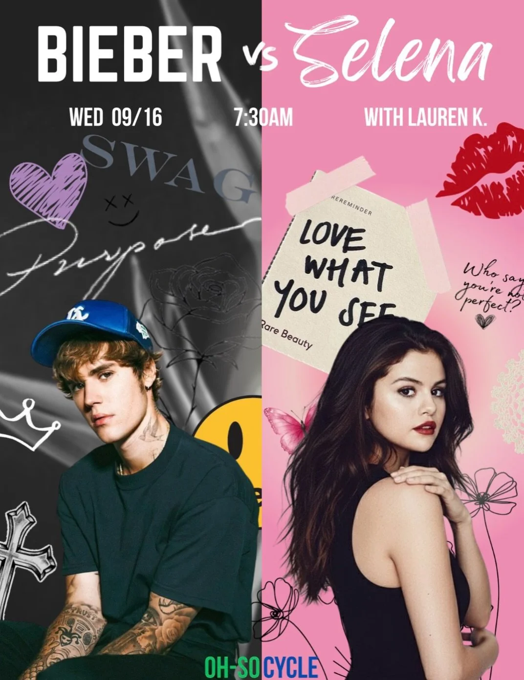THE ULTIMATE POP SHOWDOWN JUST ENTERED THE STUDIO ❤️&zwj;🔥🎧

Bieber vs. Selena is taking over the studio and we need answers&hellip; whose side are you on? 👀🖤🩷

Book your bike now 🚲

#ohsocycle #belieber4life #foreverselenator #spinclass #delaw