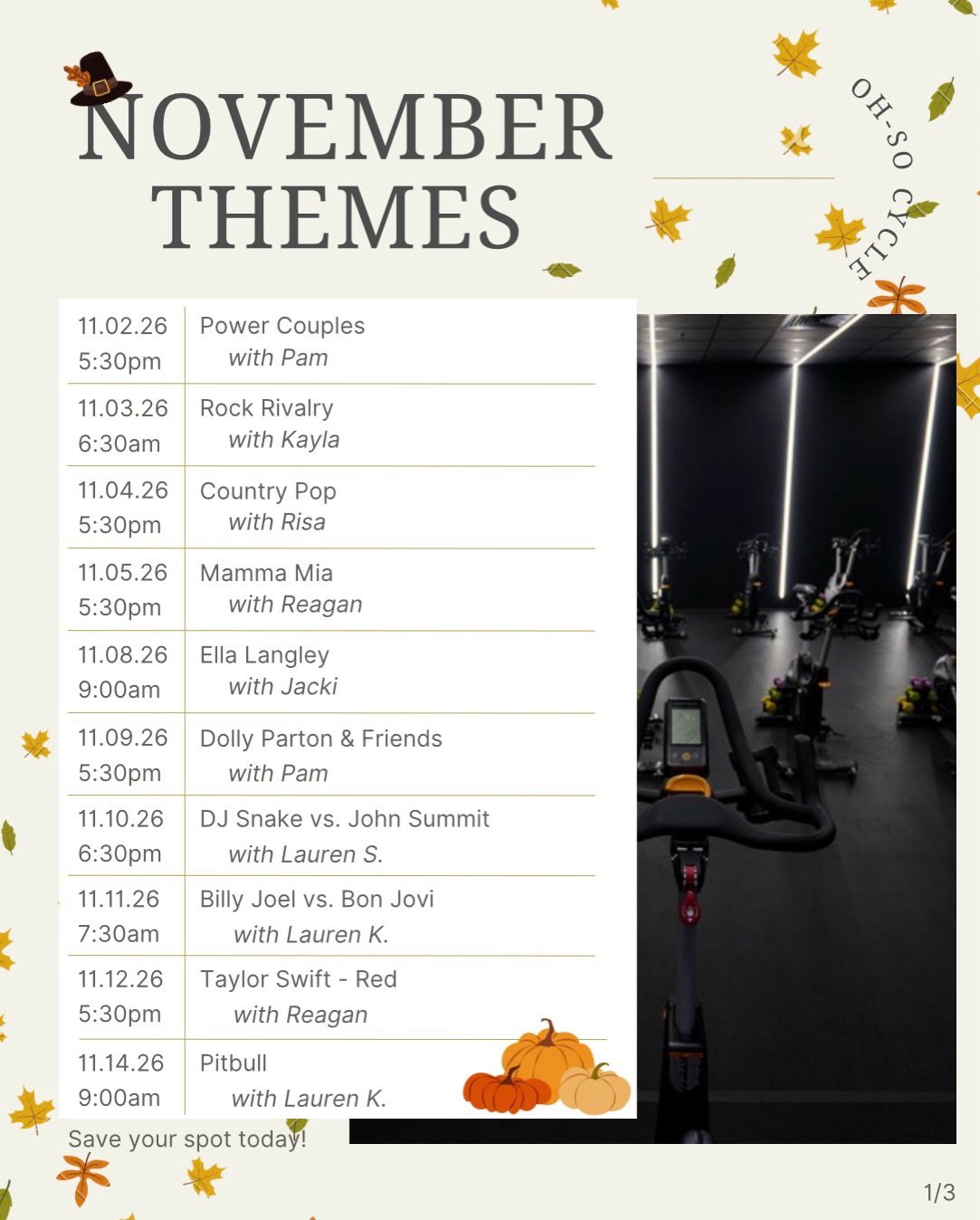 Falling for this November lineup! 🍁🤎 

The temperatures may be dropping, but the energy in the studio definitely isn&rsquo;t. 

Check out this month&rsquo;s themes and save your spot on the bike! 🔥🚲

#ohsocycle #novemberthemes #spinclasses #indoo