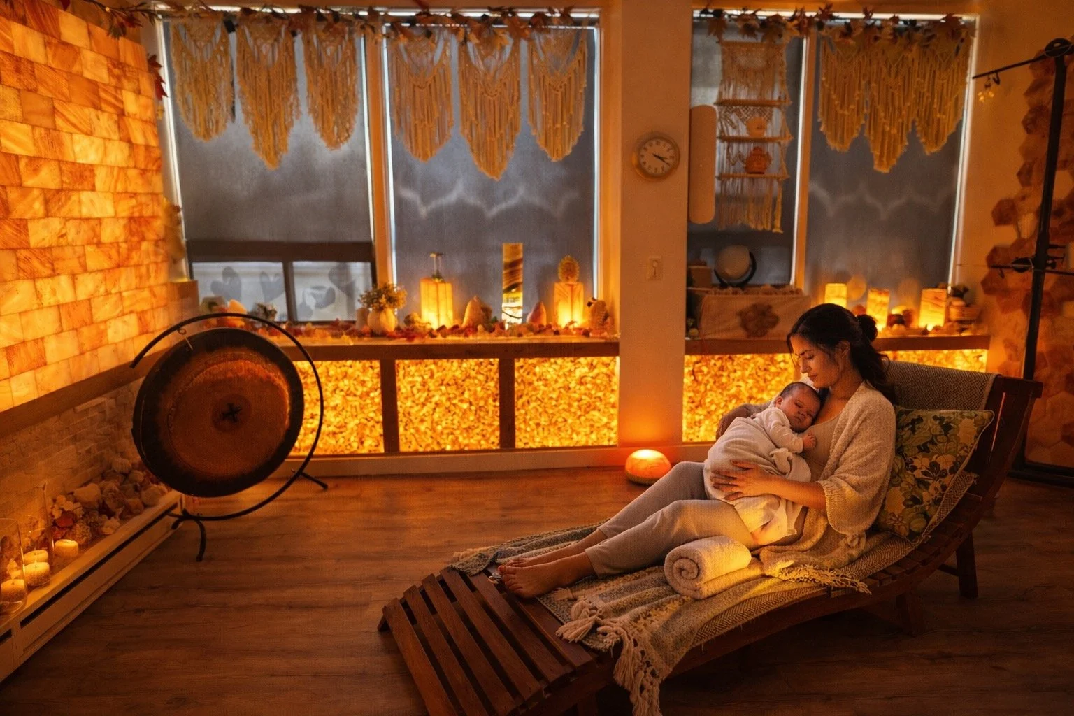 Salt room with reclining chairs and a backlit Himalayan salt wall.